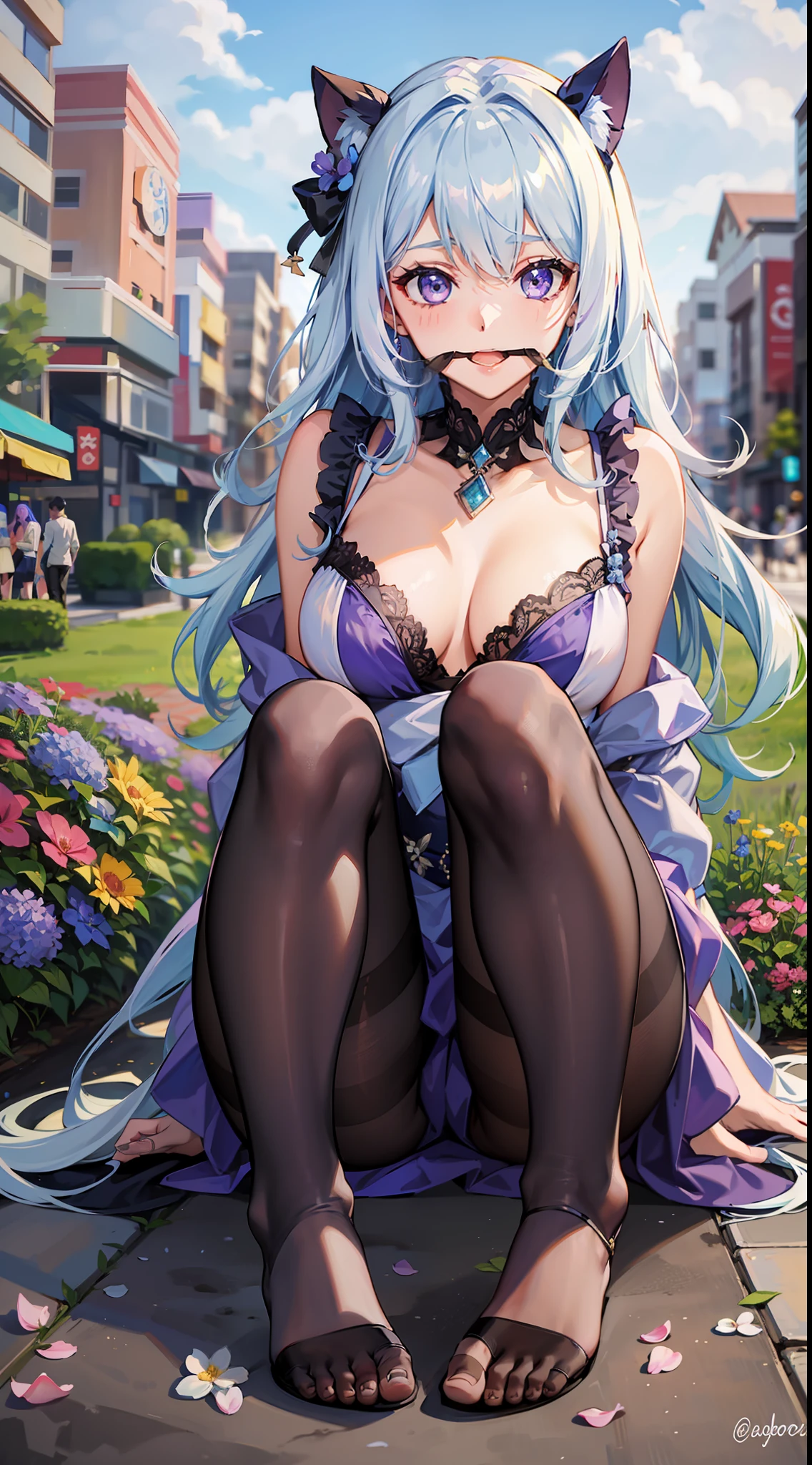 blue hairs，Sexy payments，Purple pantyhose，without wearing shoes，Tied by five flowers，sat on the ground，The mouth is gagged