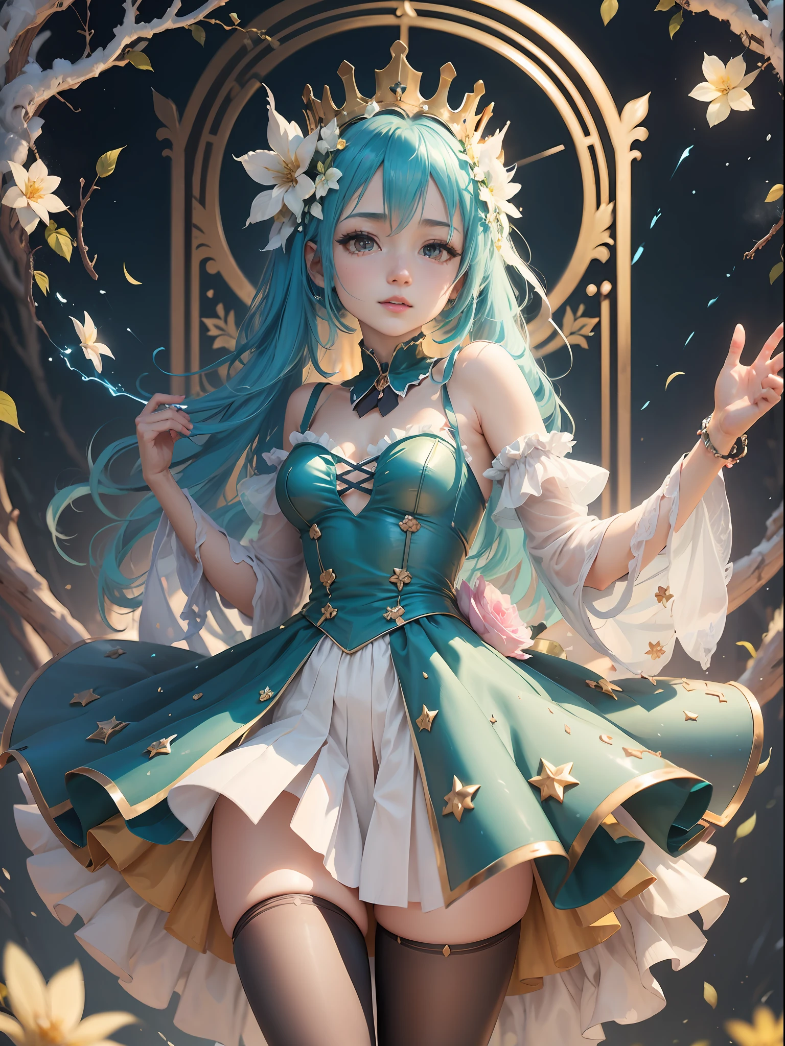 miku,medium_chest,princess_dress,colourful_stages,crown,masterpiece,full_body,white_thighhighs,extremely_detailed_CG_unity_8k_wallpaper,solo,1girl,lights,flower in air,happy,arm behind back,