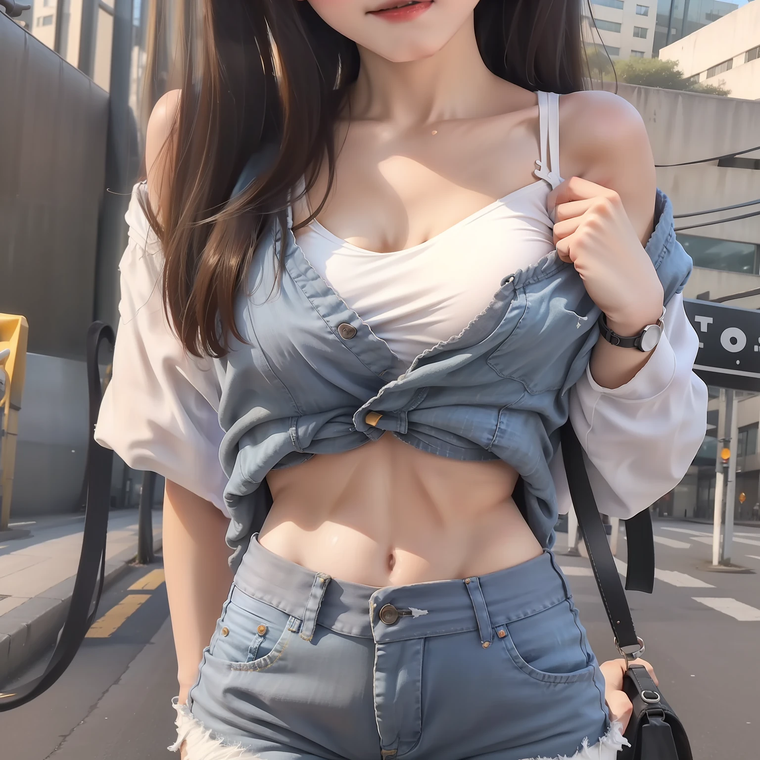A girl in a white bra and skinny denim shorts poses for a photo,(The upper part of the body),(Street attire),(Slim body),(little breast),(Slim Girls),(20yr old)