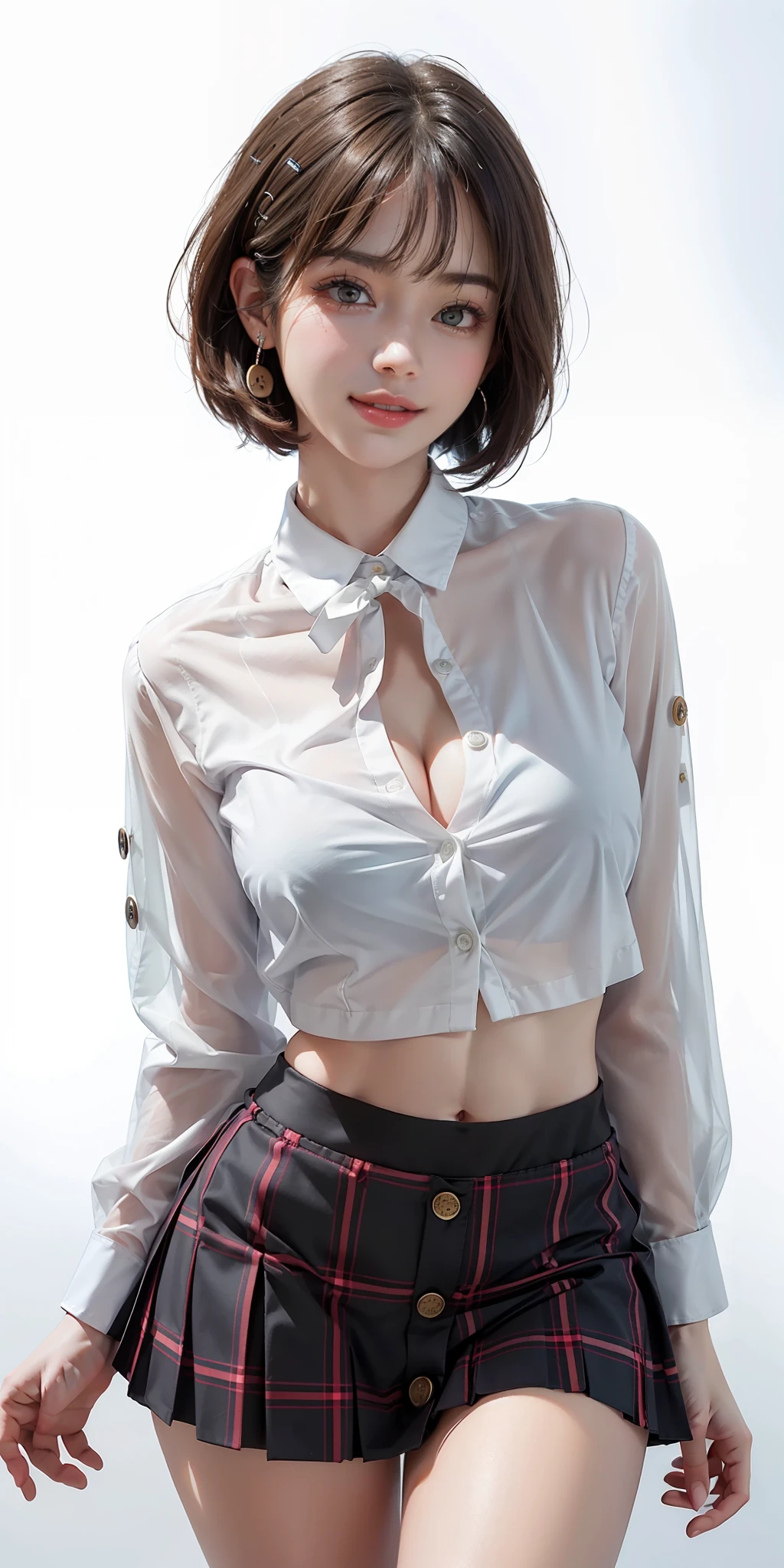 (A hyper-realistic:1.2)、(Photorealsitic:1.6)、(high-detail、hightquality、masterpiece:1.3)、(top-quality:1.4)、hight resolution、8K分辨率、(intricate detailes:1.6)、(volumatic light) One Woman、Whole body OL、Standing Pose、Classroom、(See-through white school shirt with buttons:1.6)、(Buttonless shirt:1.6)、(breasts looking:1.6)、(plaid skirts:1.6)、(a navel:1.6)、(high-heels:1.2)、(F-cup:1.6) (beauitful face:1.9)、(A detailed face:1.6)、(A detailed eye:1.5)、(Eye lashes:1.4)、(A smile:1.6)、(Detailed black bob hair:1.3)、(very Bigger breasts:1.2)、Very tall、190cm Supermodel、clean long legs、neck long、Beautiful short hair with bangs、glowy skin、((Immaculate white background with nothing really、Pretty pretty ladies、Very close-up of the face))
