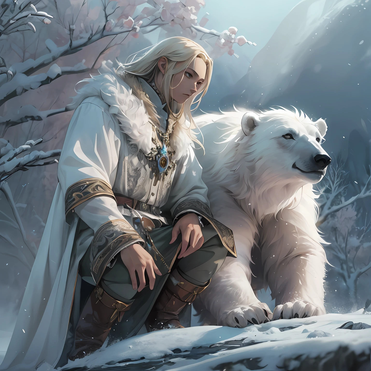 high details, best quality, 8k, [ultra detailed], masterpiece, best quality, (extremely detailed), dynamic angle, ultra wide shot, RAW, photorealistic, fantasy art, dnd art, rpg art, realistic art, a wide angle picture of a male human druid and his pet white bear, priest of nature, cleric of nature, full body, [[anatomically correct]]. dynamic position (1.5 intricate details, Masterpiece, best quality) talking to a white bear, polar bear (1.6 intricate details, Masterpiece, best quality) in arctic tundra, snow (1.5 intricate details, Masterpiece, best quality), a male wearing fur clothes (1.4 intricate details, Masterpiece, best quality), fur boots, thick hair, long hair, blond hair, pale skin intense fair eyes, arctic background (intense details), dynamic light, dynamic angle, (1.4 intricate details, Masterpiece, best quality) 3D rendering, high details, best quality, highres, ultra wide angle