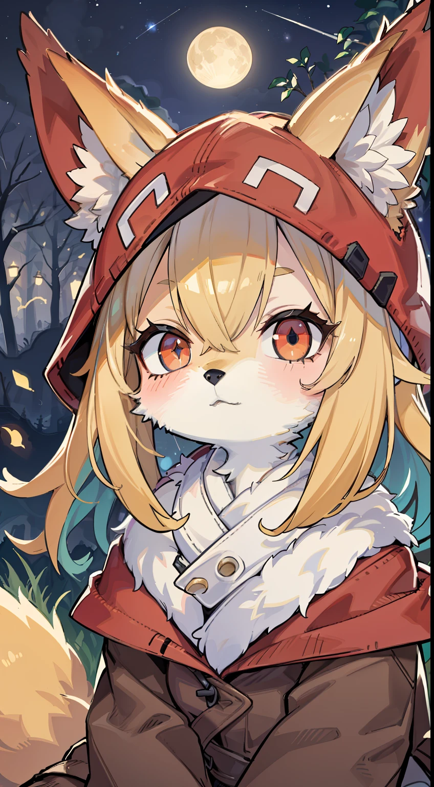 Fox Boy,hairy pubic,shaggy,Skin fur,Golden fur,Golden yellow face fur,Short straight blonde hair,Eyes have light,Red eyes,Super cute face,Brown elements on fur,Brown hooded coat,Beautiful lights and shadows,Ambient light,Ultra-fine fur,volumettic light,Night,natural lightting,Fluffy tail,Brown hood up,Night,starrysky,Vast landscape,crossed bangs, Hairline, Shiny hair, lone nape hair, ,Dilated pupils,Sleepy,dark circles,(moon full:1.2),(meteors:0.9),(Starcloud:1.3),Inside the cherry blossom forest,(Warm light source:1.2),(glowworm:1.2),lamp lights, Purple and orange,Complicated details,Volumetriclighting,Realist breakthrough(tmasterpiece:1.2)(best qualtiy),4K,Ultra-delicate,(Dynamic configuration:1.4),Highly detailed and colorful details,(Irridescent color:1.2),(luminouslighting,Atmospheric lighting),dream magical,magic,(独奏:1.2)