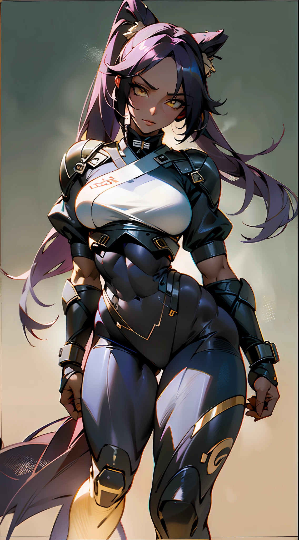 (High resolution), (in 8K), (Extreme Detail), (Best Illustration), (beautiful detail), (Best Quality), (masuter piece), ( Detailed face), ((dark skinned female)),poneyTail、Vicious look、full body Esbian、Confident々Pose、Realistic fantasy rendering, Realistic anime girl rendering, Full body portrait, (Big Breast: 1.4) popular in CGSTATION, 4K,highlight in eyes、Japanese-style background