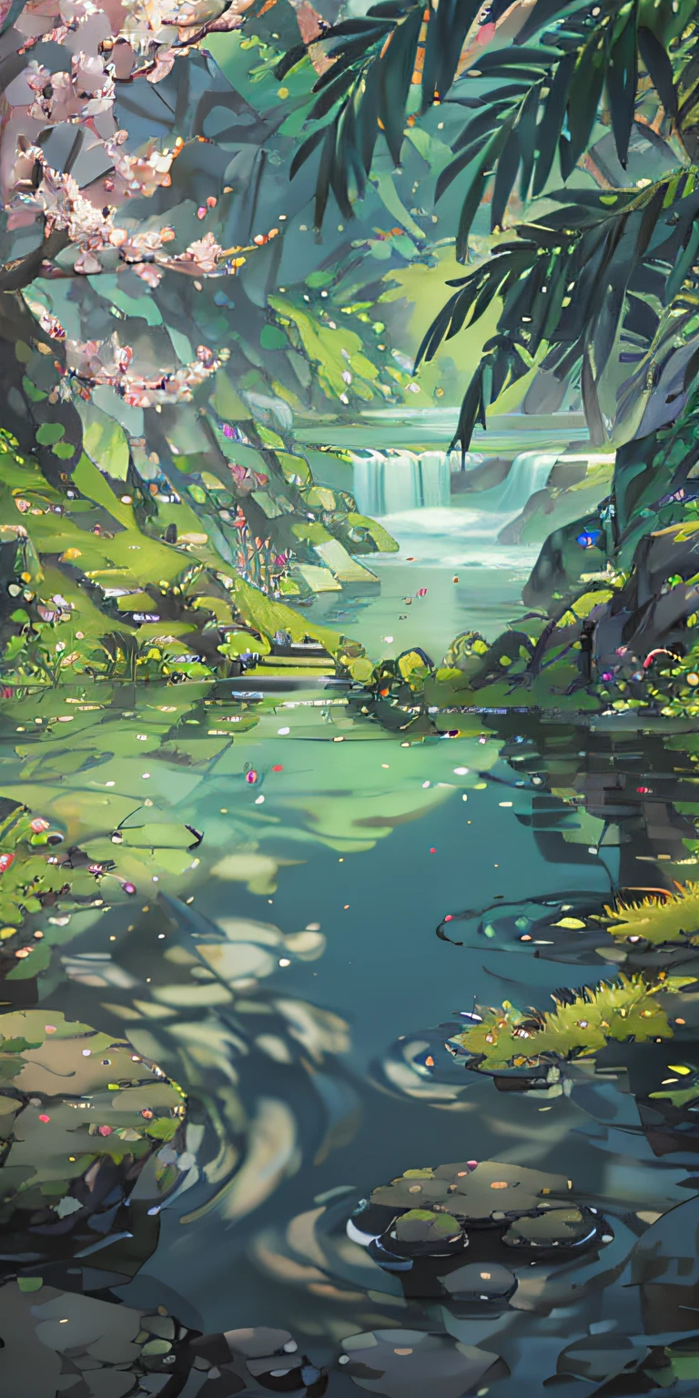 Chinese Antiquity, Spring, Jungle, Lake, Cave, Fish, Waterfall, Tree, Meadow, Rock, Hot Spring, Water Vapor, (Illustration: 1.0), Epic Composition, Realistic Lighting, High Quality, HD Detail, Masterpiece, Best Quality, Digital Painting, (Very Detailed CG Unified 8k Wallpaper)