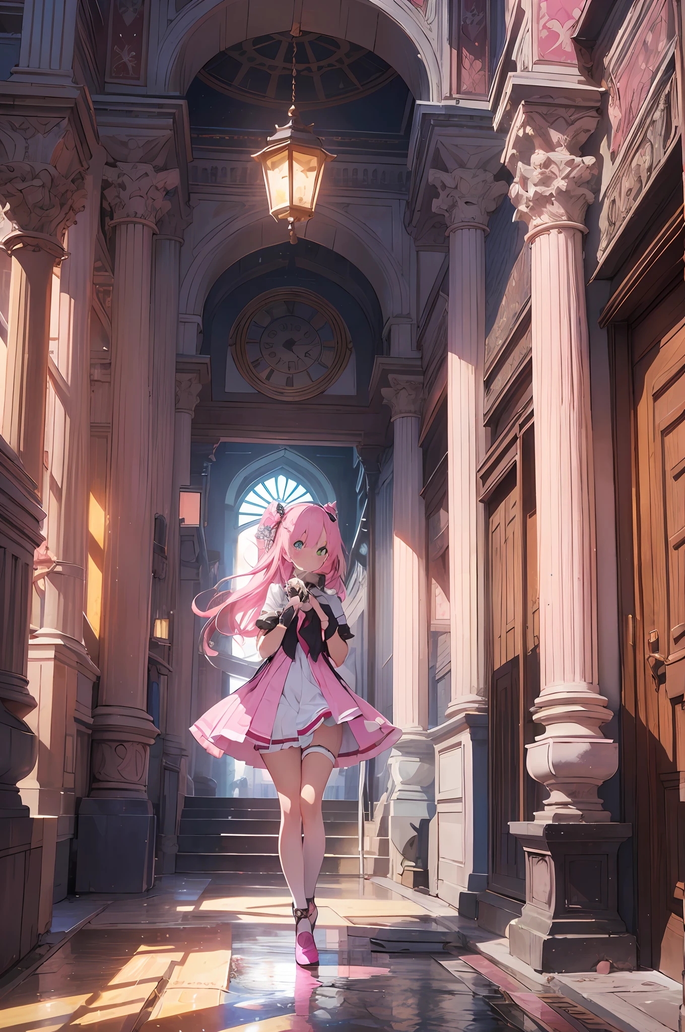 wide Shots.the royal palace.Princess.Princess.(((masutepiece))),((ultra-detailliert,Best Quality, hight resolution, 8K Wallpaper, Beautiful clothes,)),fullllbody,Fulll body Shot (1 girl)((Pink hair, Long hair,Straight hair,two side up)) (Green eyes),eyeshadows, eye line,gloweyes, ultradetailed eyes, intricate eyes, Beautiful eyes, ((Glowing pink pupils))18-year-old girl.kirakira、Glittering decoration、SHINES、Glitter
