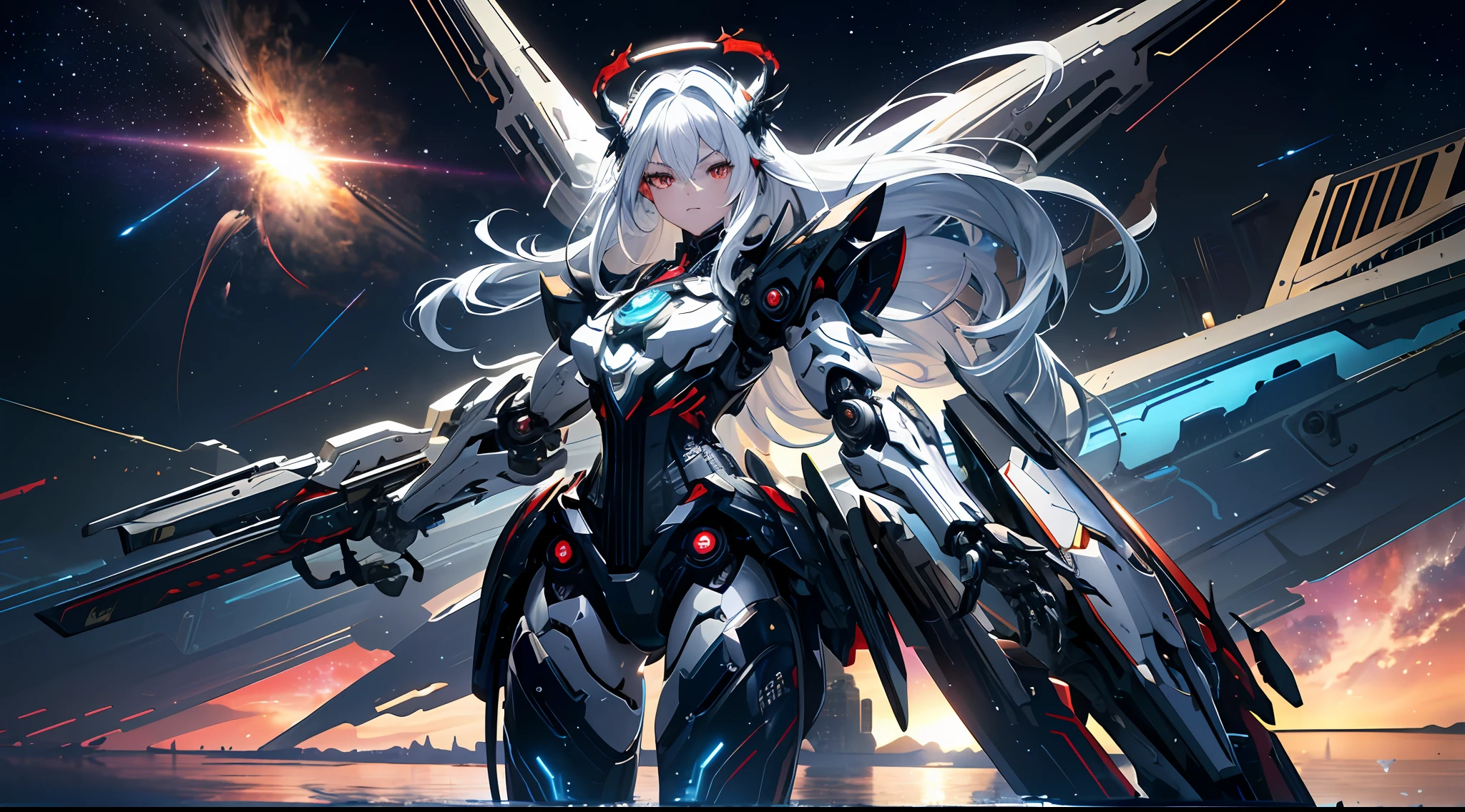 masterpiece,best quality,ultra-detailed,very detailed illustrations,extremely detailed,intricate details,highres,super complex details,extremely detailed 8k cg wallpaper,cowboy shot, caustics,reflection,ray tracing,demontheme,nebula,dark aura,cyber effect, (1girl:1.4),solo,alone,mecha musume,mechanical parts, robot joints,single mechanical arm, headgear, mechanical halo,star halo,intricate mechanical ????????, mecha corset, full armor, very long hair,white hair, hair between eyes, multicolored hair, colored inner hair, red eyes,glowing eye,eye trail, random expressions,random action, ancient japanese architecture,pond, starry sky,skyline,