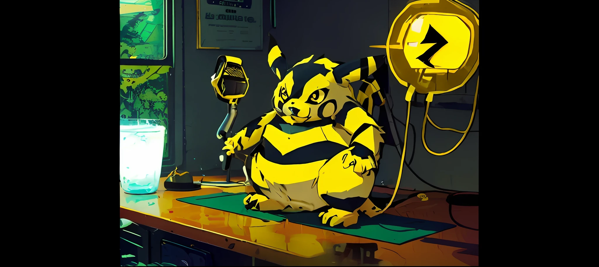 Pikachu from Pokemon sits at the table，There is a microphone, cyberpunk pikachu, megaman as pikachu, pikachu on acid, pokemon art style, concept art of pikachu, portrait of zeraora, illustration pokemon, akira and bumblebee, Gelbooru anime image, sonichu, hylics artwork, guggimon, melting into jolteon, pokemon anime style