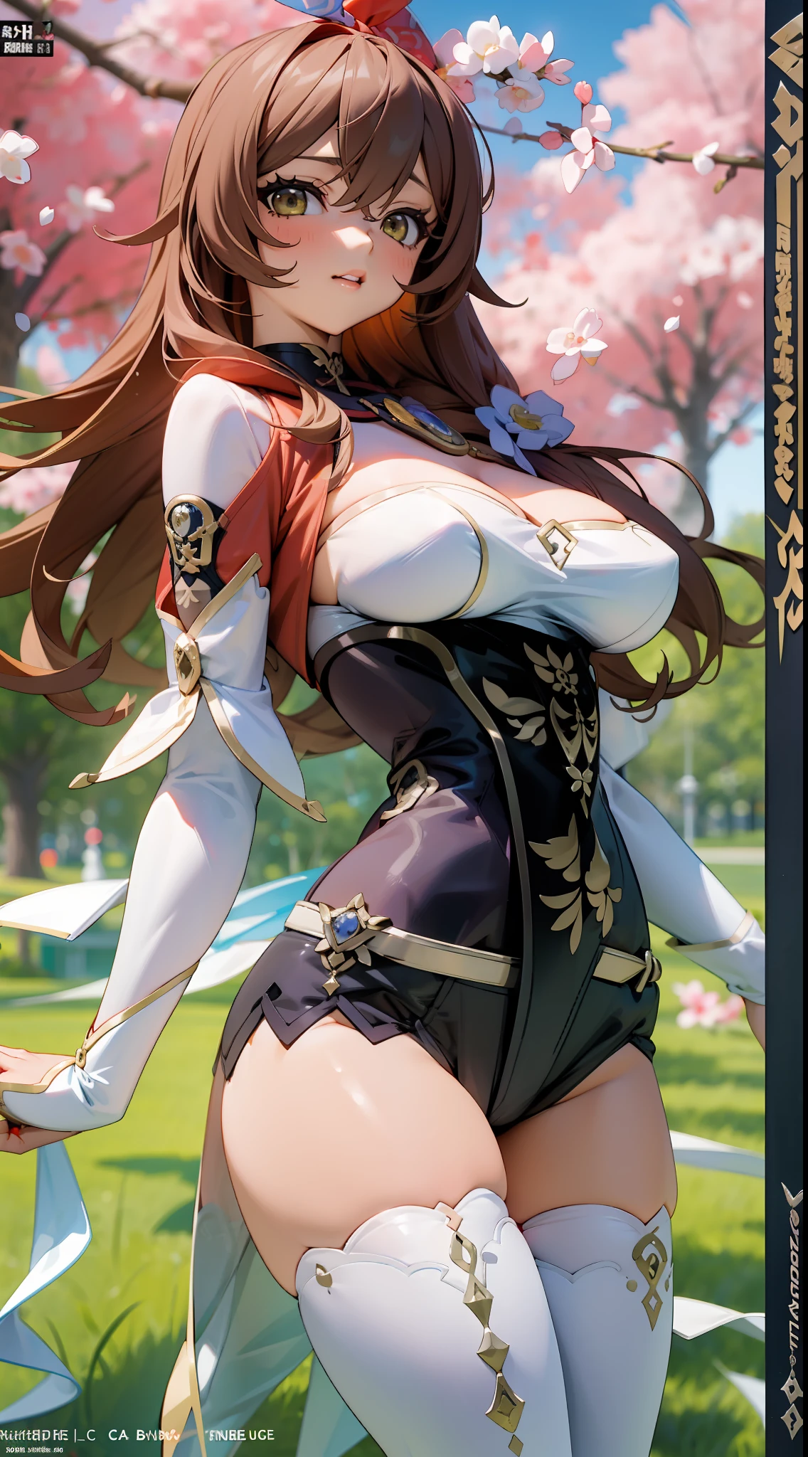 amber(Genshin Impact),Sakura Park,Comic cover style,Premium comic titles,Expose abs,Slim figure,cropped shoulders,huge tit,White dress at the bottom,Mesh garment,Fleshy thighs,Below the waist are mesh stockings,Masterpiece,hyper-detailed face,Deep rendering
