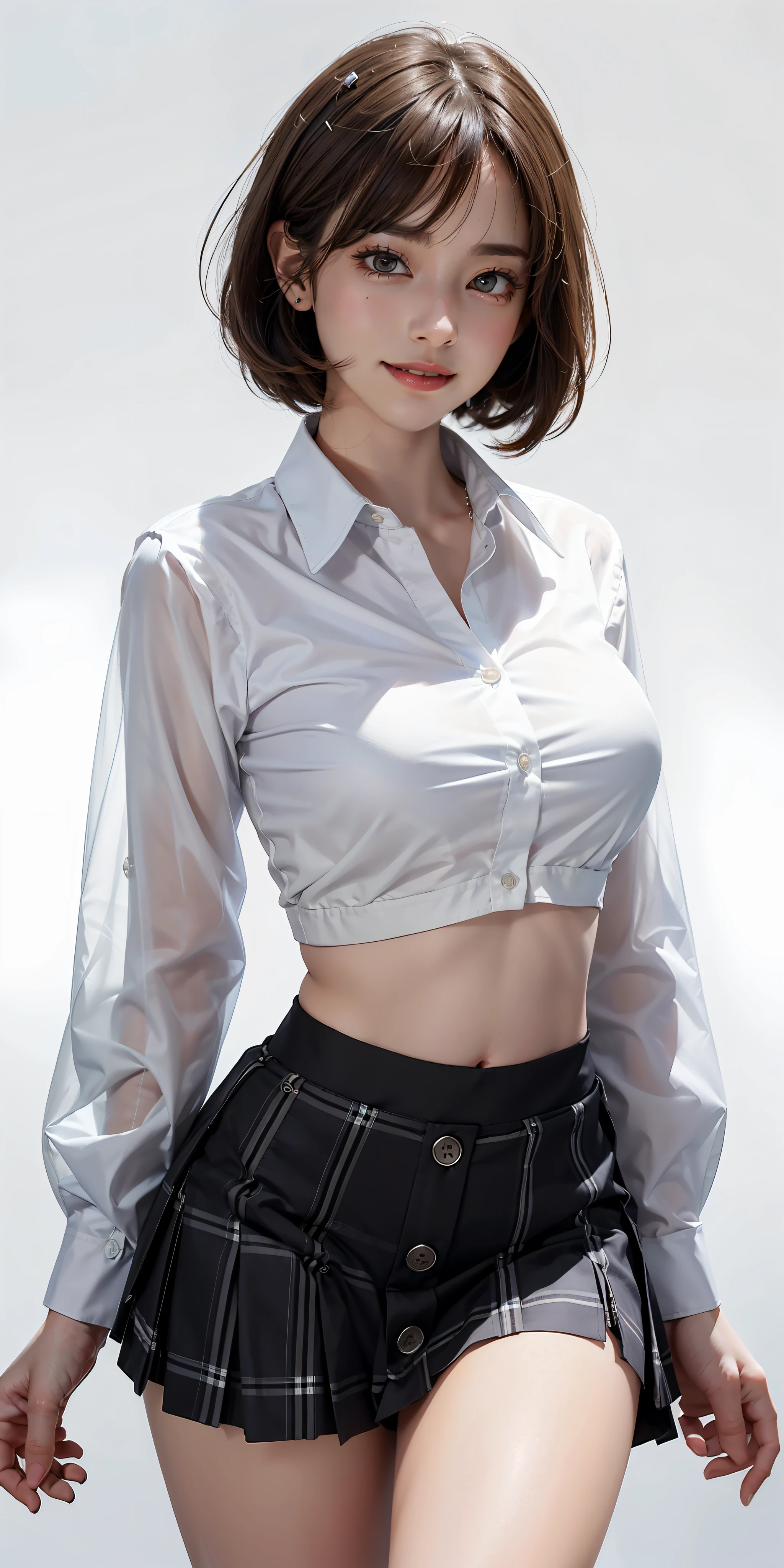 （A hyper-realistic：1.2）、（Photorealsitic：1.6）、（high-detail、hightquality、​masterpiece：1.3）、（top-quality：1.4）、hight resolution、8K分辨率、（intricate detailes：1.6）、（volumatic light） One Woman、Whole body OL、Standing Pose、‎Classroom、(See-through white school shirt with buttons:1.6)、(Buttonless shirt:1.6)、(breasts looking:1.6)、(plaid skirts:1.6)、(a navel:1.6)、(high-heels:1.2)、(F-cup:1.6) (beauitful face:1.9)、(A detailed face:1.6)、(A detailed eye:1.5)、(Eye lashes:1.4)、(A smile:1.6)、(Detailed black bob hair:1.3)、(very Bigger breasts:1.2)、Very tall、190cm Supermodel、clean long legs、neck long、Beautiful short hair with bangs、glowy skin、((Immaculate white background with nothing really、Pretty pretty ladies、Very close-up of the face))