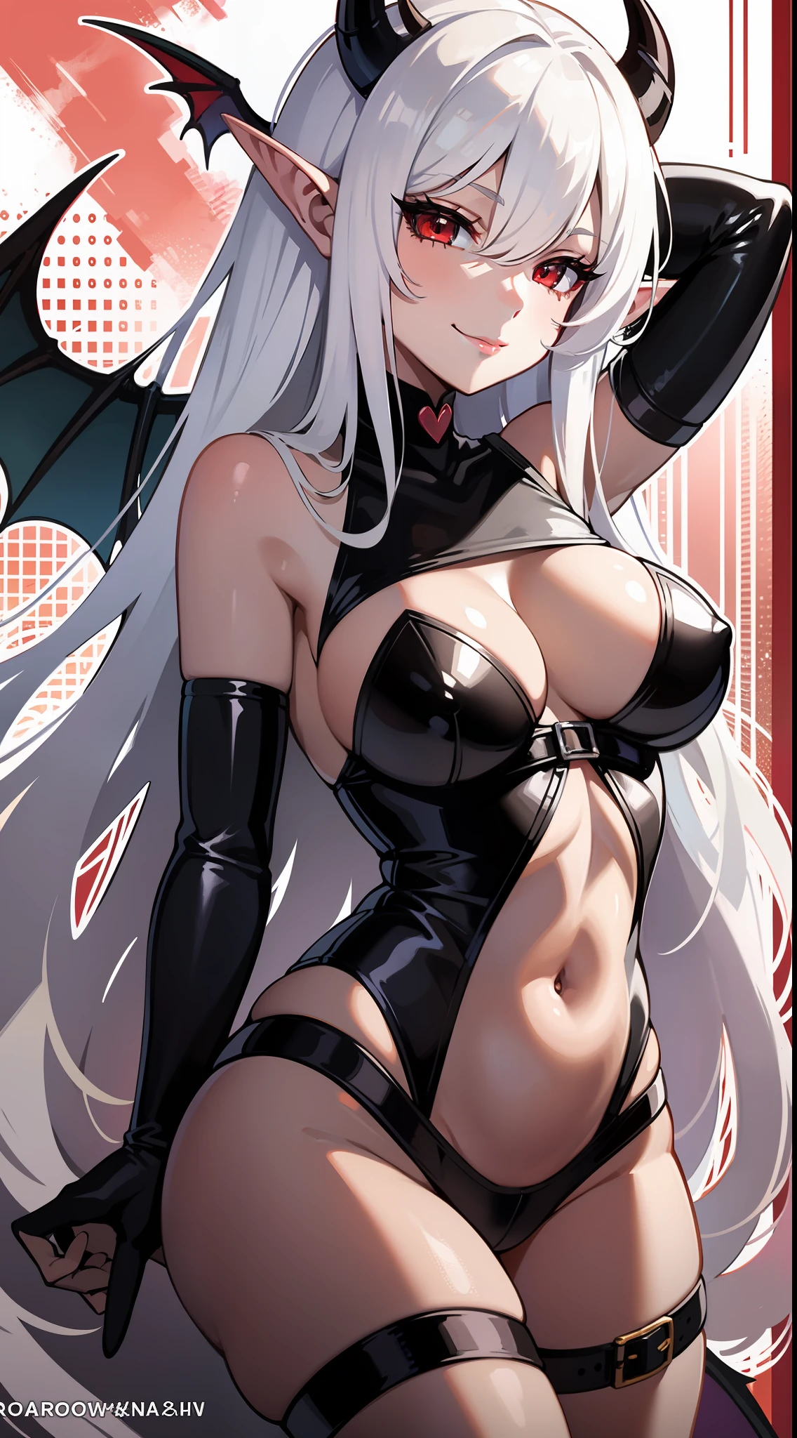 Young black girl, Long white hair, red eyes, elf ears, horns demon, succubus, open belly, open breasts, smirk, lust, Masterpiece, hiquality