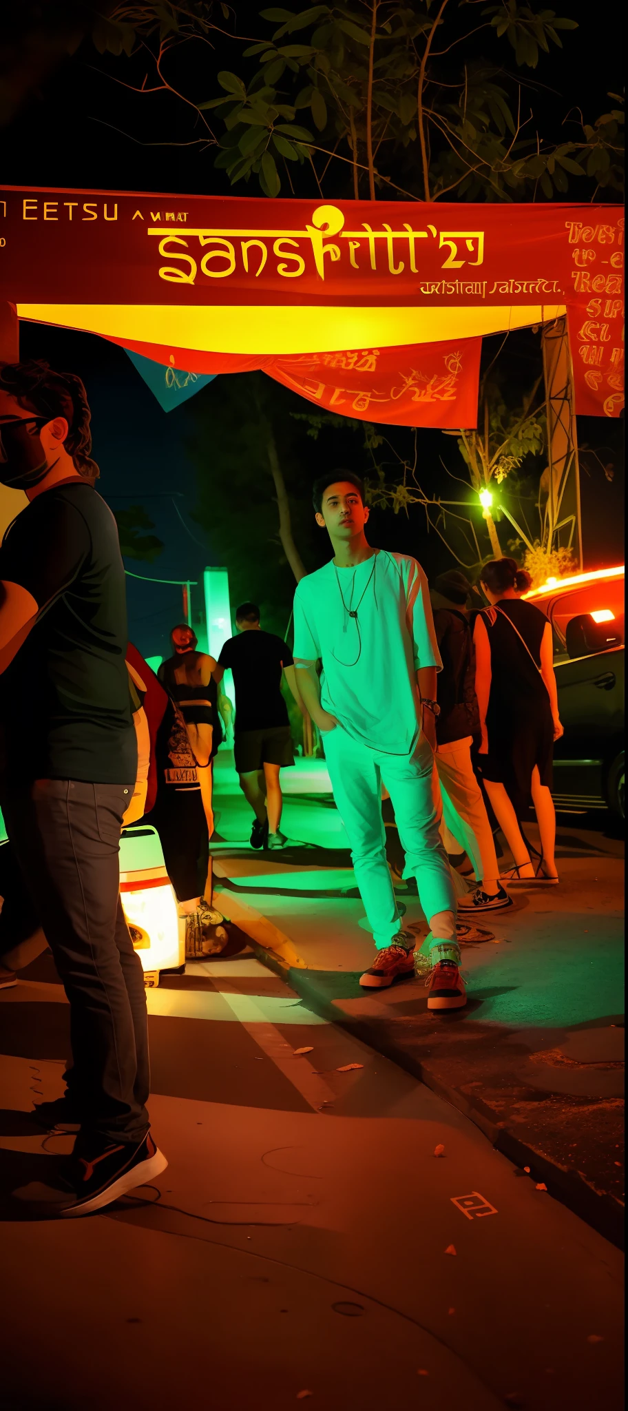 people standing in a parking lot at night with a sign that says sanskriti, standing in road, candid shot, taken in the night, standing in street, candid picture, in a street, at night time, full body photogenic shot, during night, street pic, in the street, on a street, candid photo, music festival, people at night, change background to cyberpunk, hot and sexy girls around the red color shirt boy
