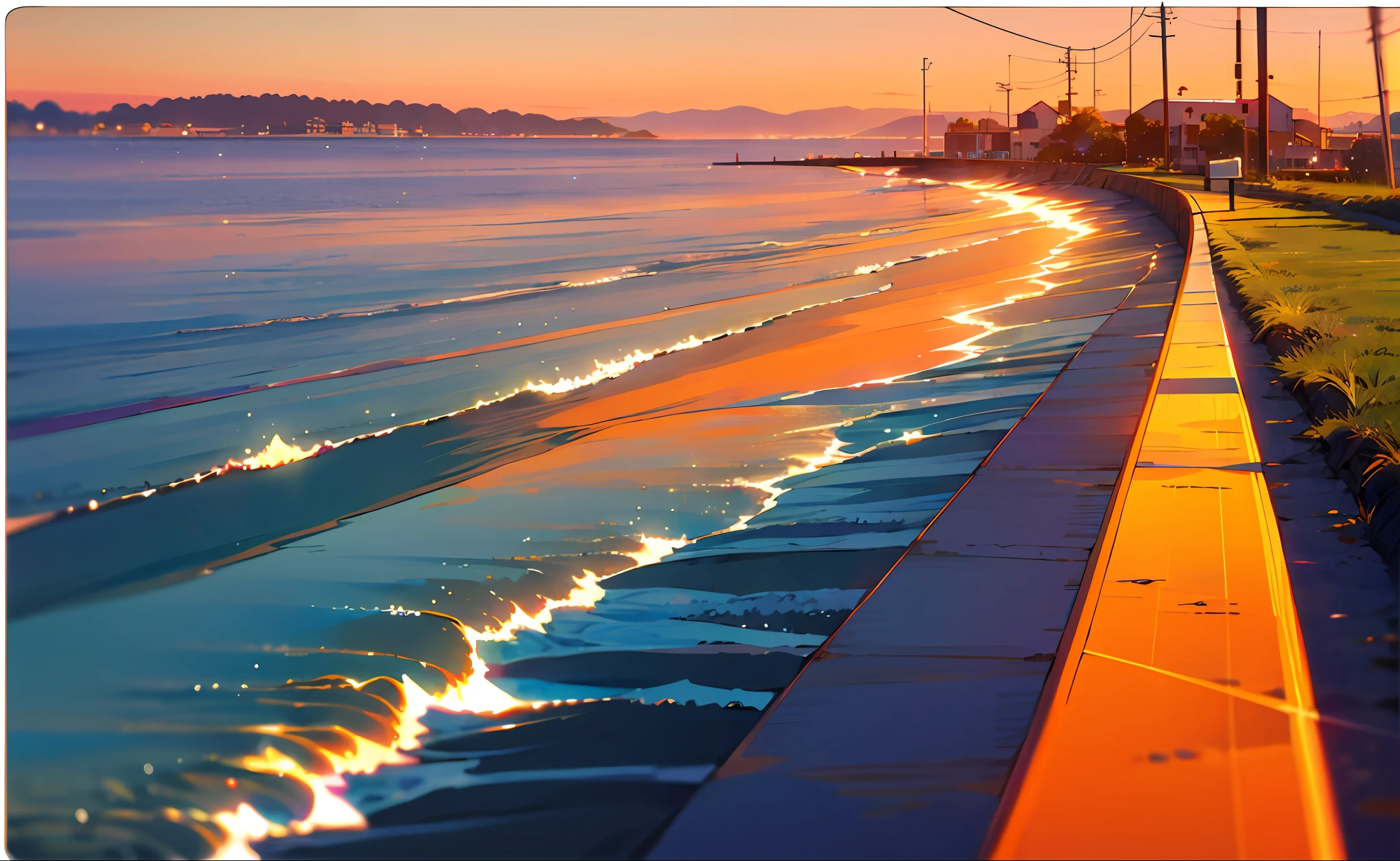 Sunset by the sea, sunset walk, anime, long perspective, horizontal version, literature, Miyazaki Hayao