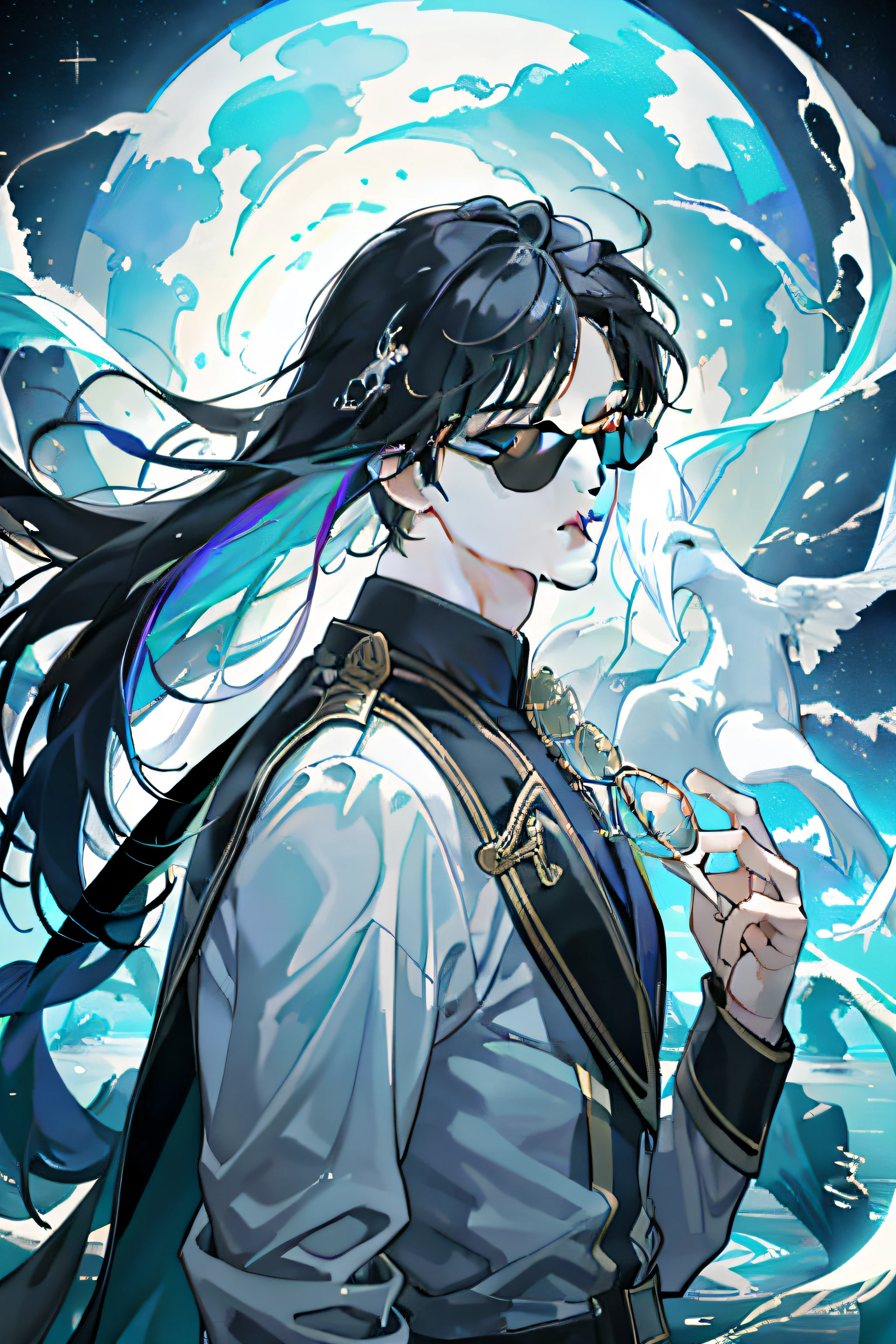 tmasterpiece、Need、1male people、AS-Adult、Tall muscular man、With round sunglasses,dark themes、Magic Array、Buble、rainbow Sunlight、under the water、Reflected mirror、floating piece of Glass、Rainbow light、Bubble Swirling、Wind swirl、extreme light、Fantastic landscape, Starlight around the character, (The upper part of the body)