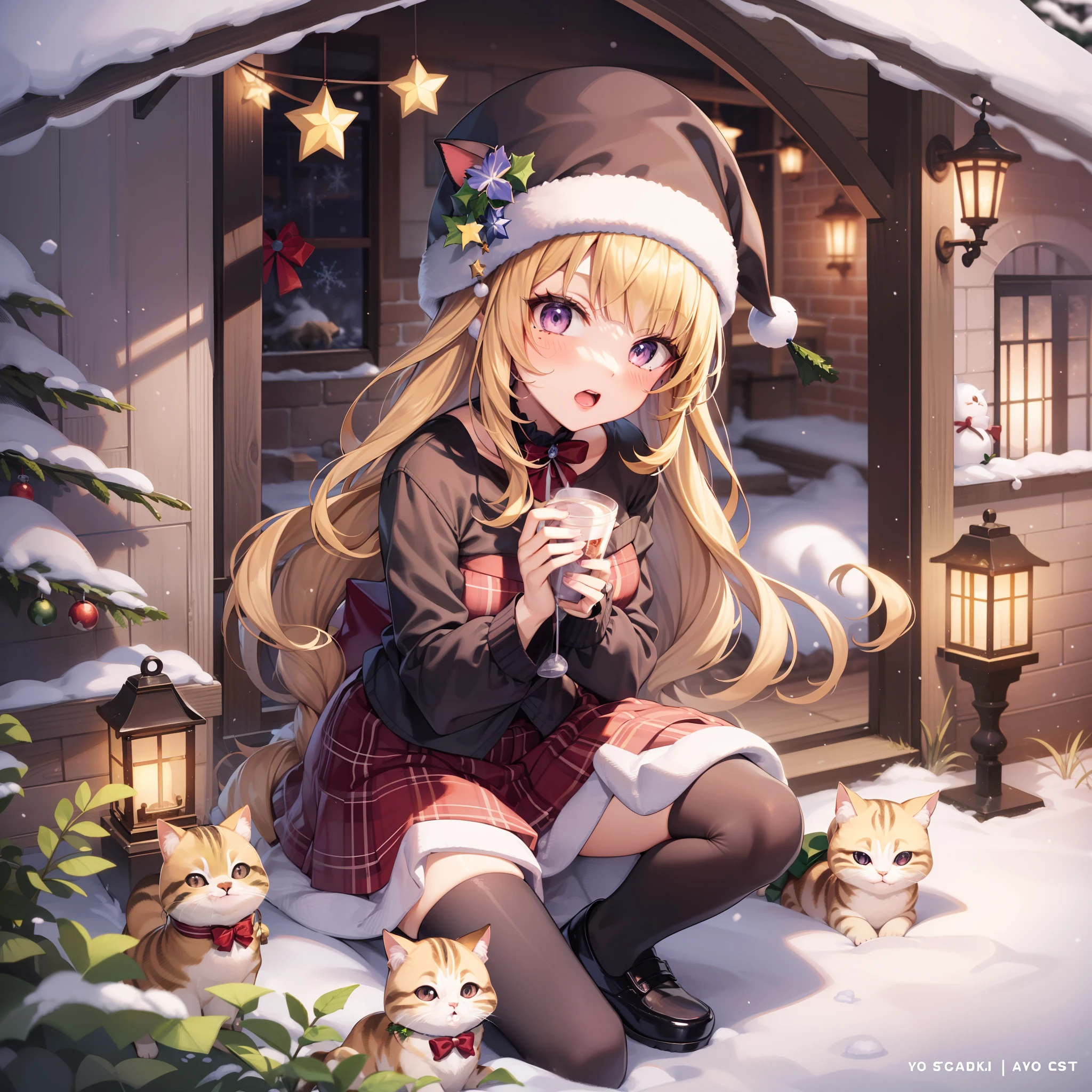 Chibi Cat、white backgrounid、kawaii、a blond、snowy background、Christmas Characters、Merry Christmas Characters、showy、