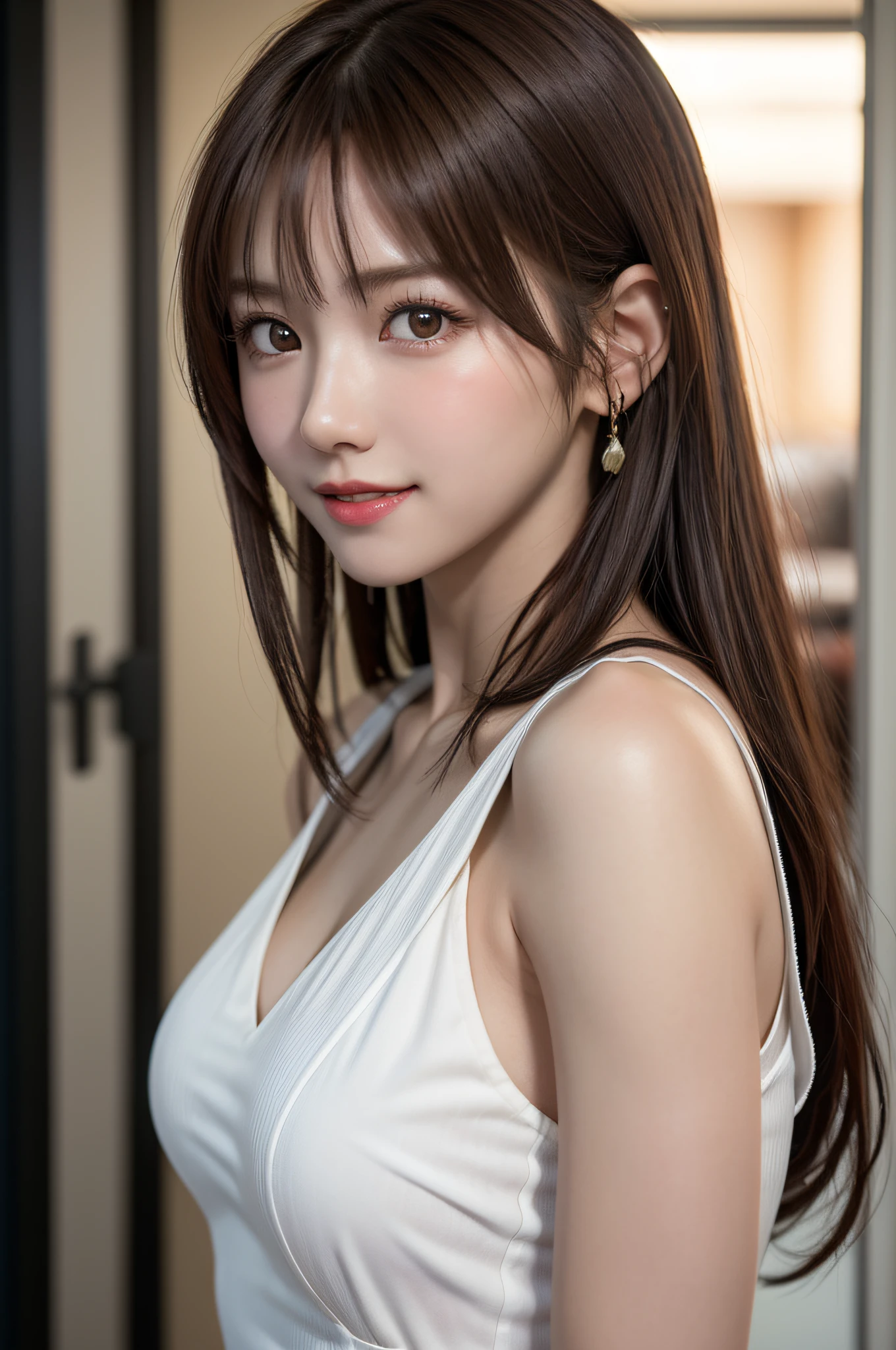 White see-through blouse,Face Interview, (Photo Real:1.4), (hyper realisitic:1.4), (realisitic:1.3), (Smooth lighting:1.05), (Improve video lighting quality:0.9), 1womanl, a 20 yo woman, Realistic lighting, Back lighting, Facial light, raytrace, (cheerfulness:1.2), (Improved image quality:1.4), (Finest Real Textured Skins), finely eye, a small face, Red cheeks, skinny body, medium-breasted pointed jaws,,,,,, Korean Idol, Nogizaka Idol, glowy skin, hposing Gravure Idol, P, Blunt bangs, light brown hair, hair behind ear, hair over shoulder, Long hair,Tear bag,。Kuroko under the eyes、Old Western-style building、
