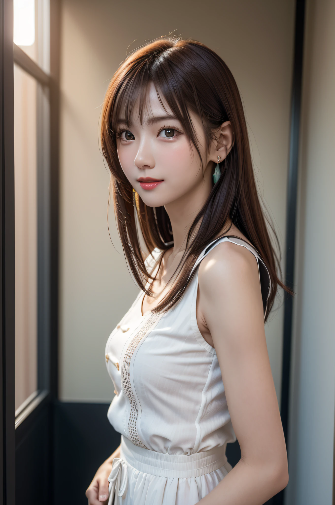 White see-through blouse,Face Interview, (Photo Real:1.4), (hyper realisitic:1.4), (realisitic:1.3), (Smooth lighting:1.05), (Improve video lighting quality:0.9), 1womanl, a 20 yo woman, Realistic lighting, Back lighting, Facial light, raytrace, (cheerfulness:1.2), (Improved image quality:1.4), (Finest Real Textured Skins), finely eye, a small face, Red cheeks, skinny body, medium-breasted pointed jaws,,,,,, Korean Idol, Nogizaka Idol, glowy skin, hposing Gravure Idol, P, Blunt bangs, light brown hair, hair behind ear, hair over shoulder, Long hair,Tear bag,。Kuroko under the eyes、Old Western-style building、