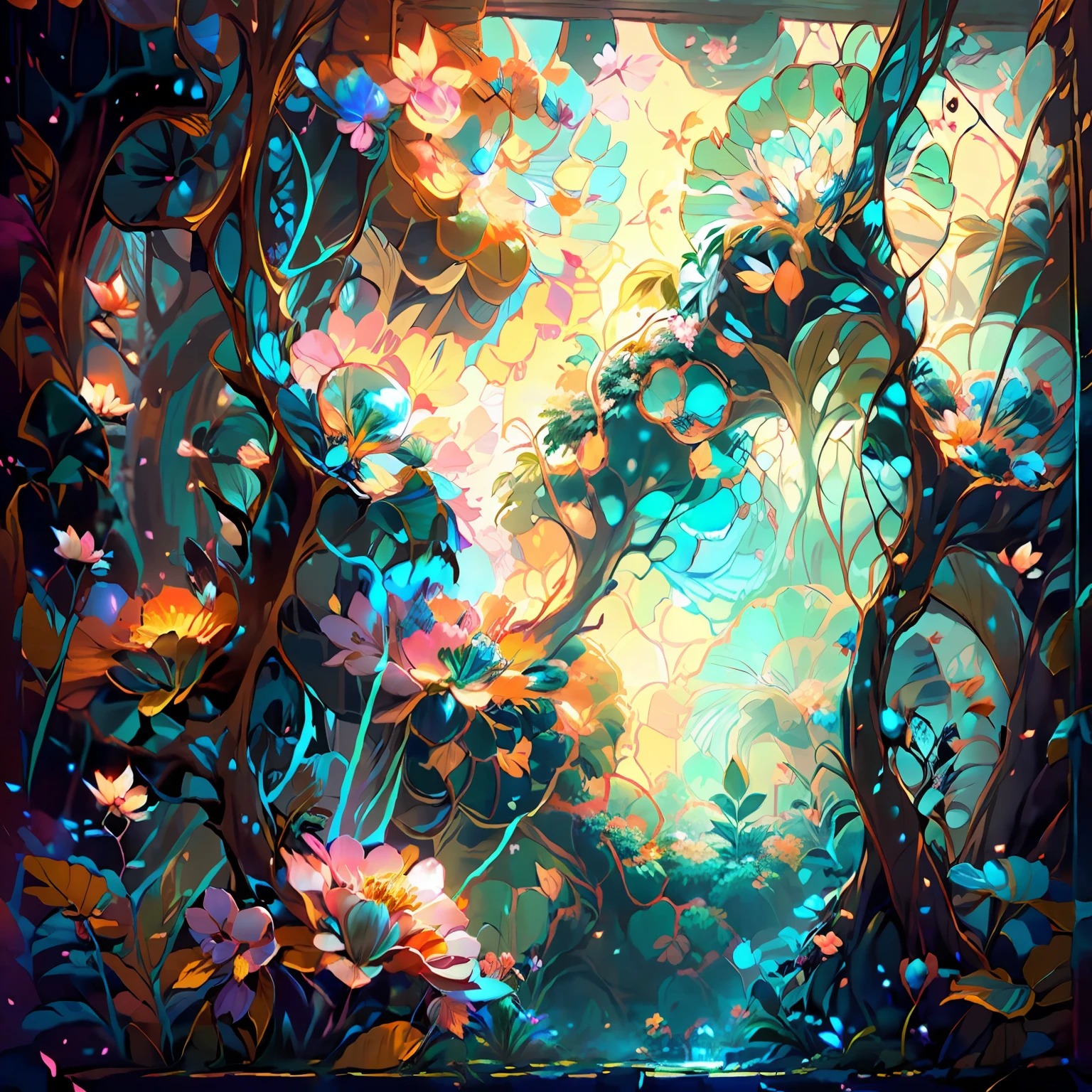 (extremamente detalhado CG unidade 8k papel de parede, master part, best quality, ultra-detalhado), vibrant color saturation, lush garden in full bloom, (flor: 1.5), Dynamic angle, delicate petals, brilhando com brilho, Feminine grace and elegance, paleta de cores pastel.