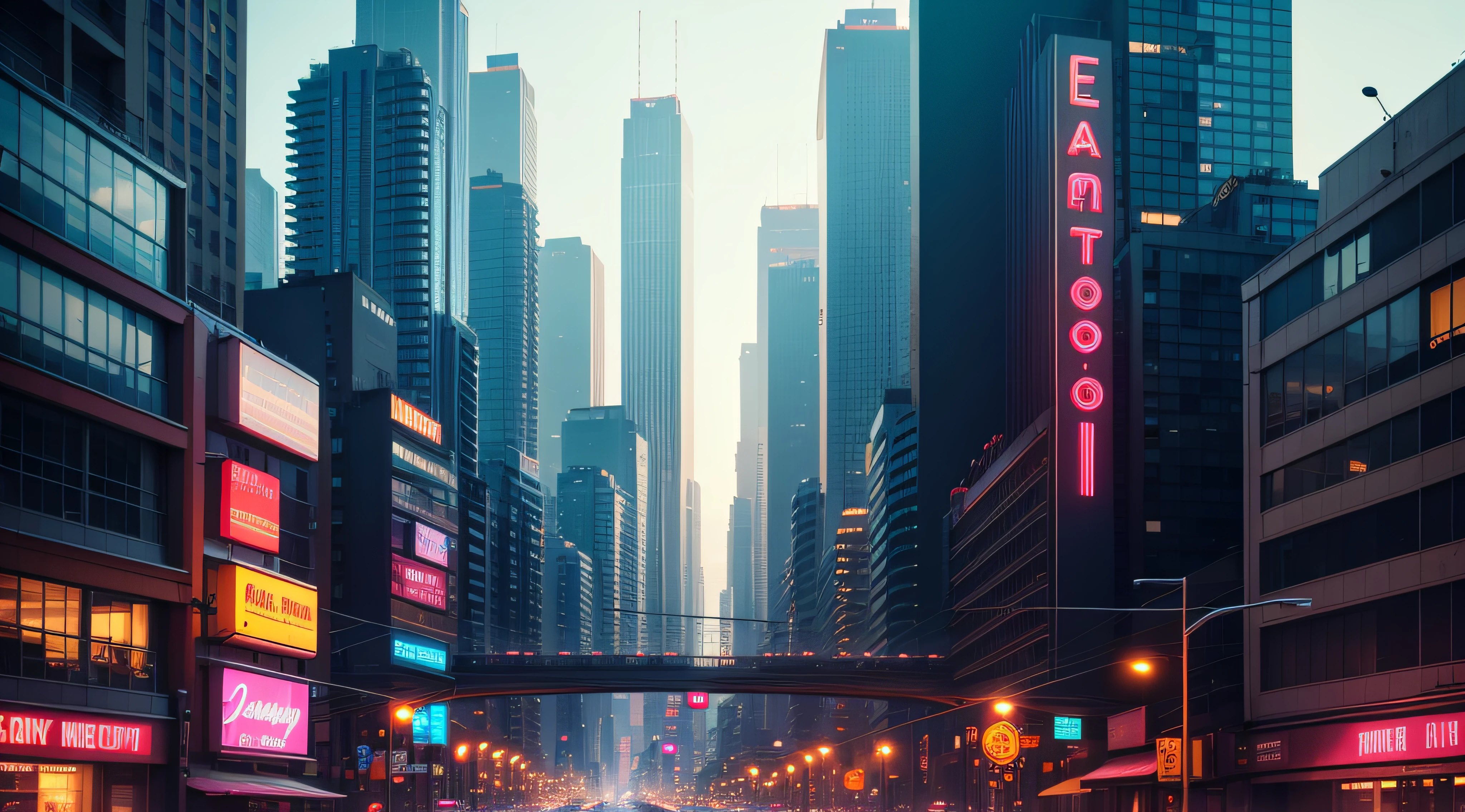 City high-rise buildings flashing neon lights,There are trains that run through it --auto