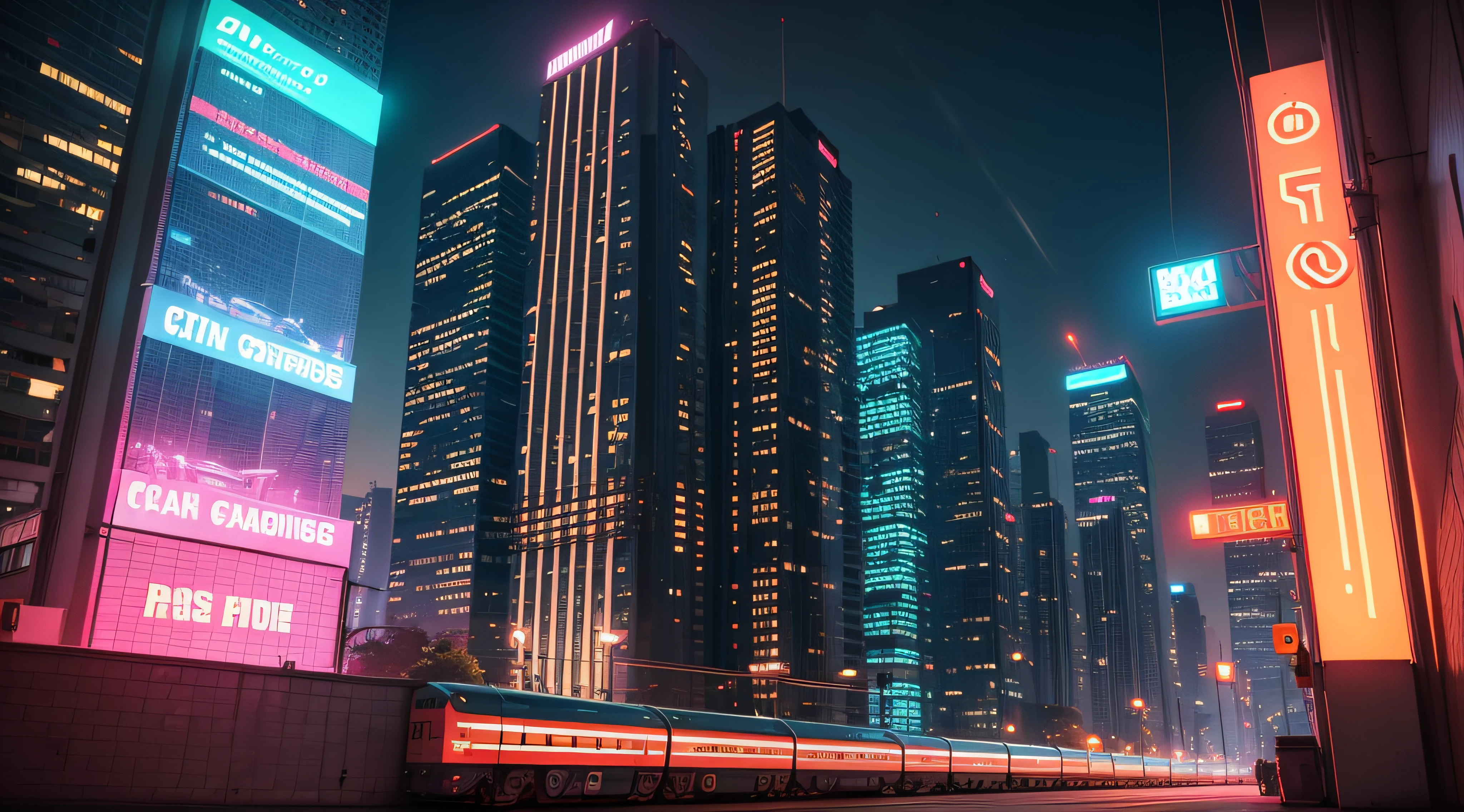 City high-rise buildings flashing neon lights，There are trains that run through it --auto