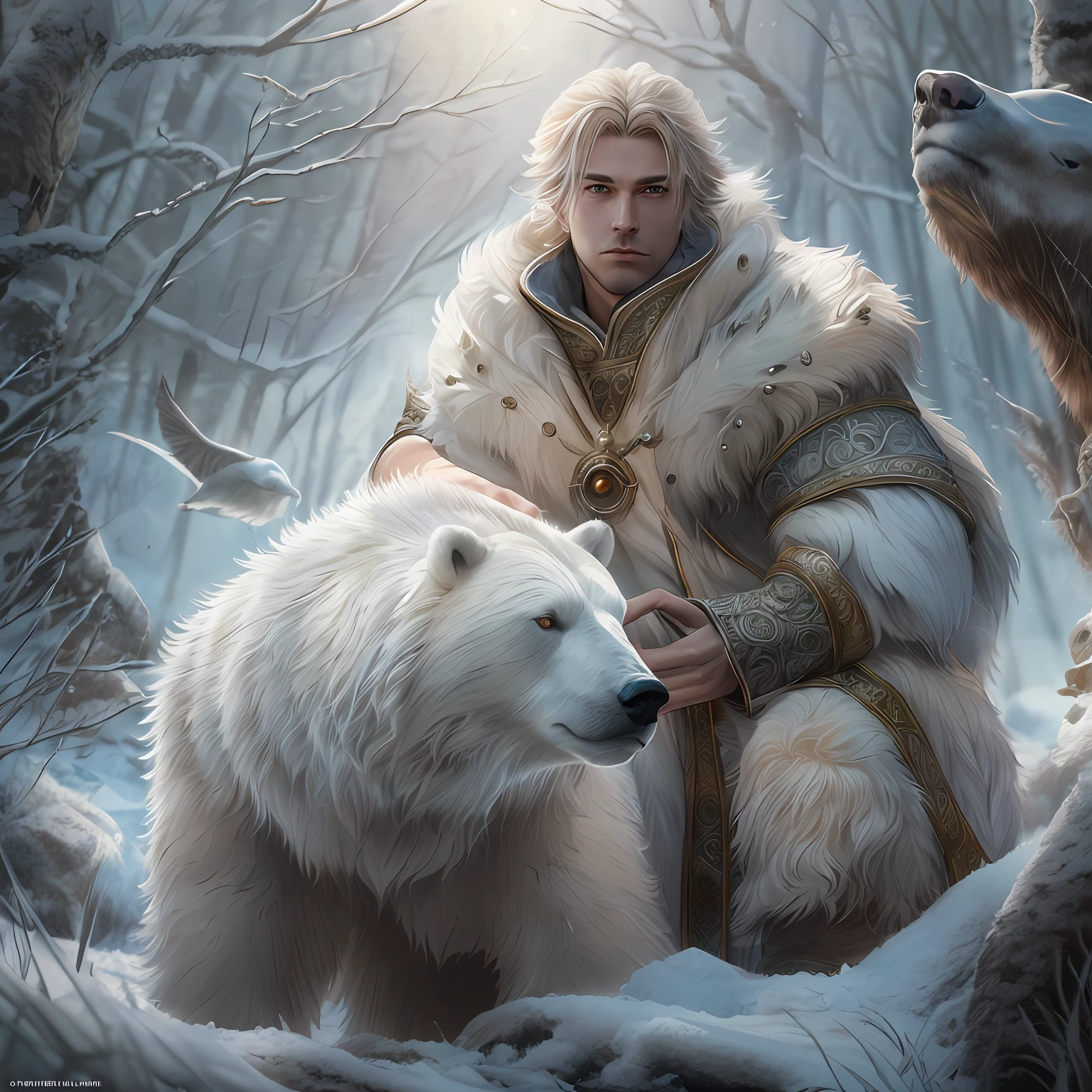 high details, best quality, 8k, [ultra detailed], masterpiece, best quality, (extremely detailed), dynamic angle, ultra wide shot, RAW, photorealistic, fantasy art, dnd art, rpg art, realistic art, a wide angle picture of a male human druid and his pet white bear, priest of nature, cleric of nature, full body, [[anatomically correct]]. dynamic position (1.5 intricate details, Masterpiece, best quality) talking to a white bear, polar bear (1.6 intricate details, Masterpiece, best quality) in arctic tundra, snow (1.5 intricate details, Masterpiece, best quality), a male wearing fur clothes (1.4 intricate details, Masterpiece, best quality), fur boots, thick hair, long hair, blond hair, pale skin intense fair eyes, arctic background (intense details), dynamic light, dynamic angle, (1.4 intricate details, Masterpiece, best quality) 3D rendering, high details, best quality, highres, ultra wide angle