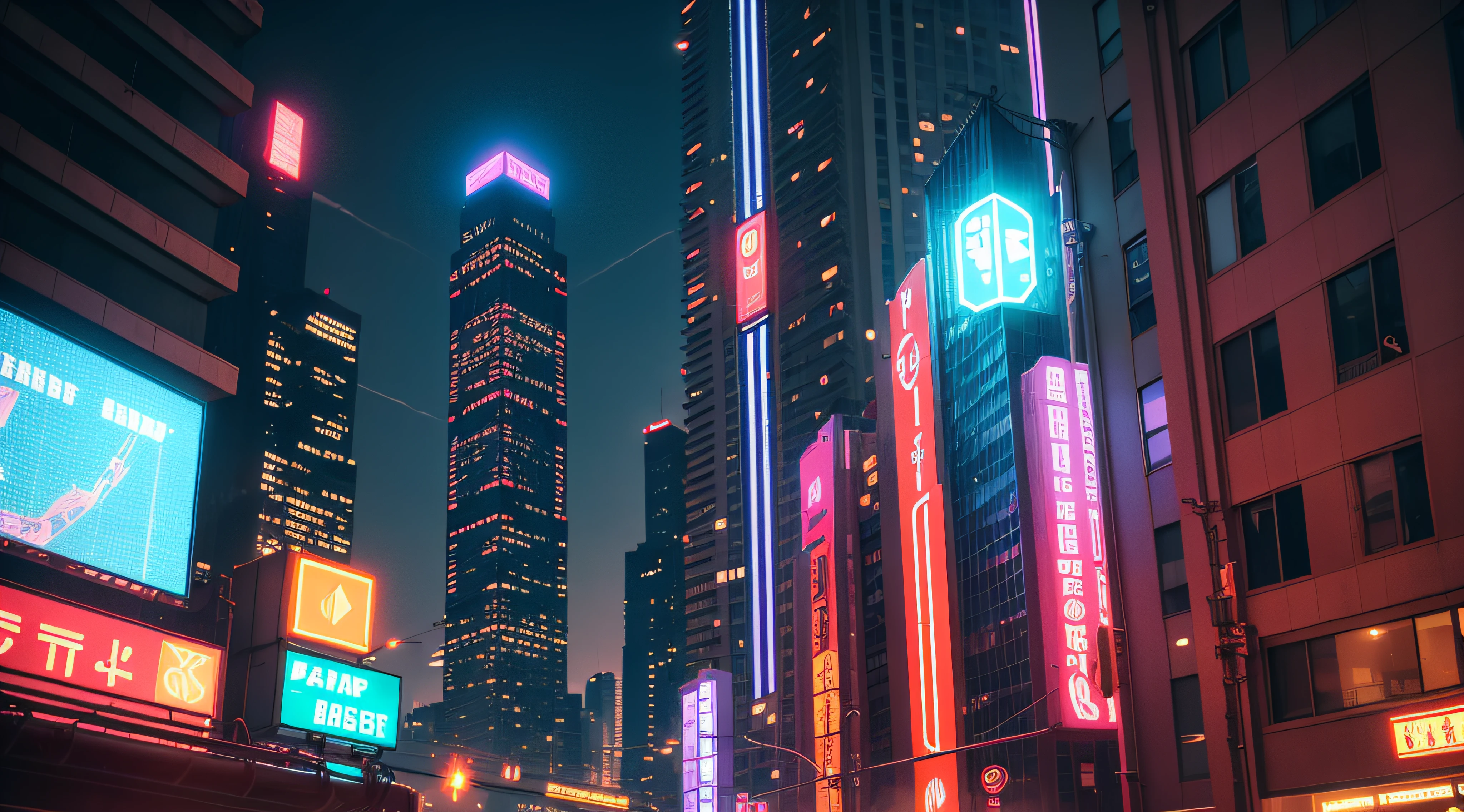 City high-rise buildings flashing neon lights，There are trains that run through it --auto