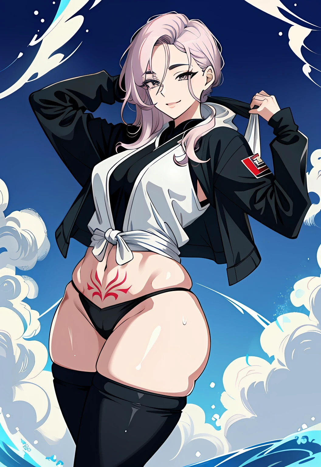 (Masterpiece:1.2), (Best Quality:1.2) 1Girl, long eyeslashes, Anime style, perfect faces, Full Lips, Smile, mature, the sweat, pale-skin, Wet cloth, thick-thighs, Wide Buttocks, Reveal clothing, a ninja, tattooed,