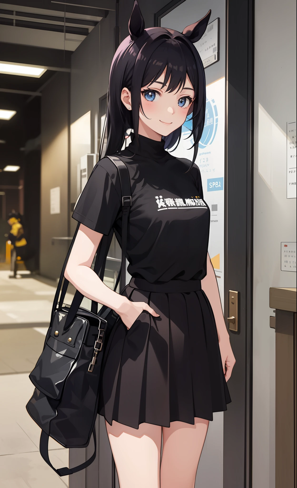 1girl in、A smile、The shirt、skirt by the、（small tits）chilarism、sport、A delightful、wholesome、Black hair、horse tailed，