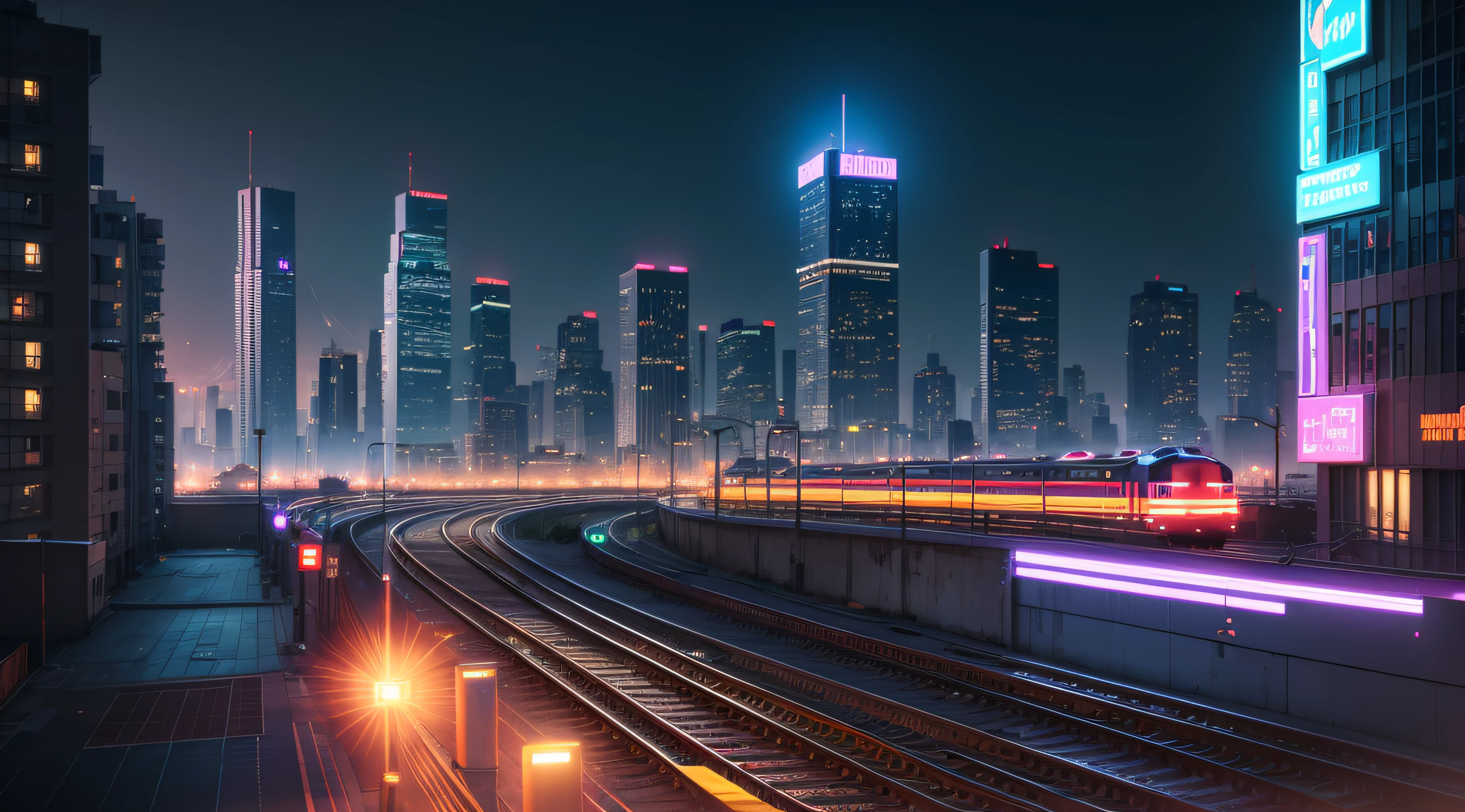 City high-rise buildings flashing neon lights,There are trains that run through it --auto