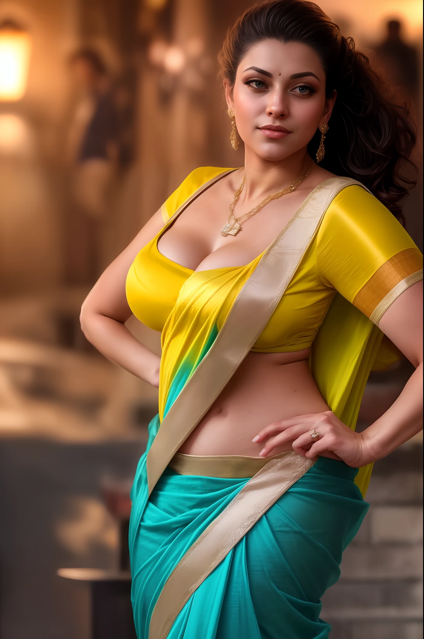 latina as prostitute worker, yellow saree, navel show, full body, curvy, voluptuous figure, massive cleavage, high ponytail, standing in a brothel, wide open legs, chin up, day scene, breasts visible show, 90% breasts popping out, necklace, hourglass figure, massive breasts, nipple visible, seductive face, look at camea, erotic adult face, 35 yo, soft volumetric lights, intricate details, (ArtStation:1.2)