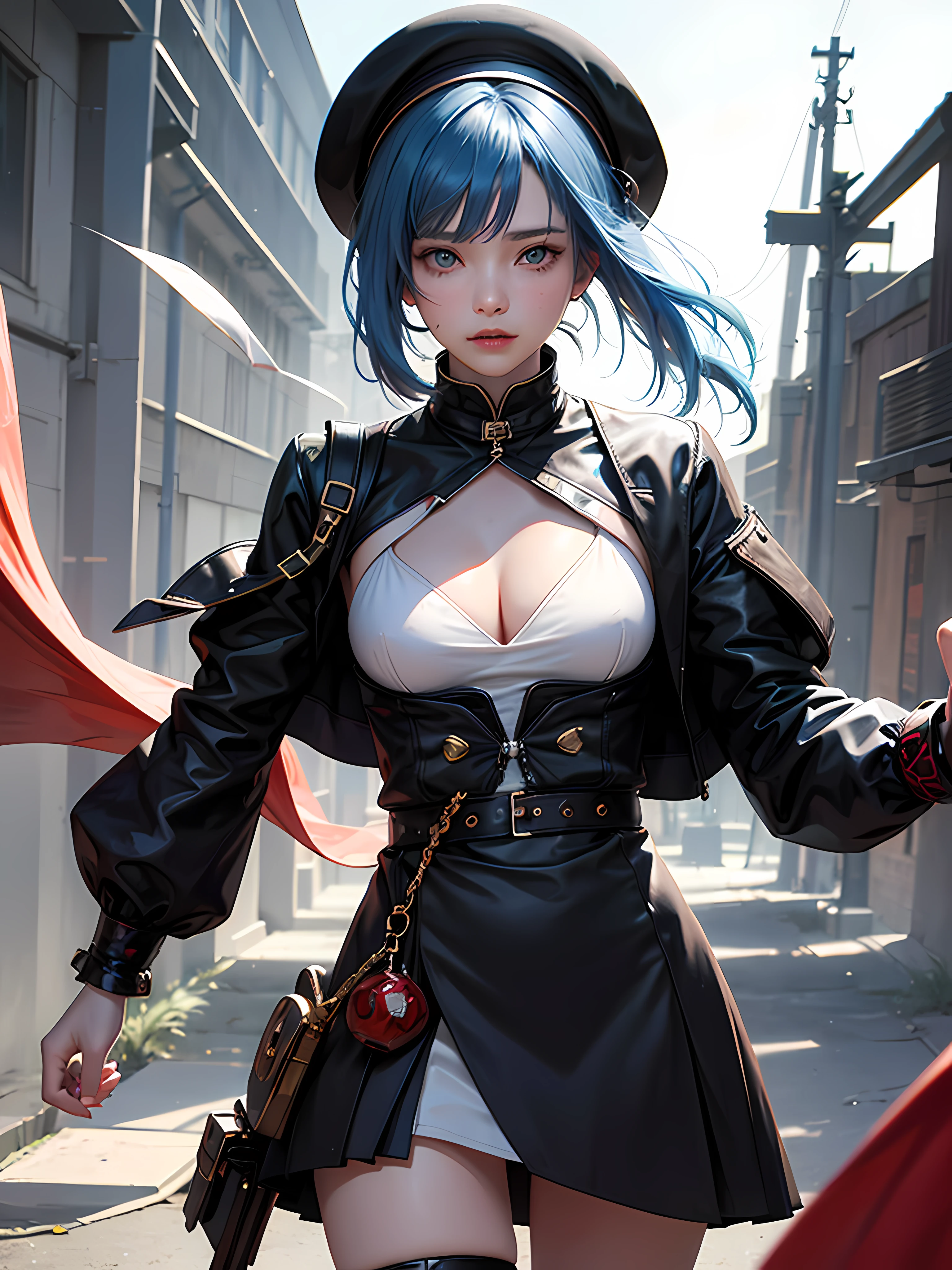 offcial art,Unified 8K wallpapers,ultra - detailed,Beauty and aesthetics,tmasterpiece,best qualtiy,(zentangle,datura,Tangles,entangled),(s fractal art:1.3),1girll,The is very detailed,dynamic angle,cow boy shot,The most beautiful form of chaos,elegant,Fauvist design,vivd colour,romanticism lain,James Jean,Robbie Devi Antono,ross tran,Francis Bacon,Michal Mraz,adrian ghenie,petra cortright,Gerhard Richter,Takato Yamamoto,Ashley Wood,Atmospheric,A note of ecstasy,streaming musical notes visible,Short blue hair, hair bobbles, wince, long eyelasher, solid circle eyes, Light smile, Ear blush, Fang, surrealism, shadowing, anaglyph, stereograms, tachi-e, angle of view, Atmospheric perspective, 8K, Super detail, ccurate, Best quality,Transparent clothing material,Wear a jacket,cleanness,Transparent,Red, Translucent skin,ssmile,Lateral face,Bigchest,White lining,blue color eyes,Naked,Chest clothes transparent,clothes see-through,The color of the meat passes,Jacket jacket,Jacket,ssmile,美丽细致的眼睛,Delicate skin,beret,tit,nakeness,The chest is clear and transparent,The background is a dark alley,Exposure to sunlight,The character is in the shadows,The character is exposed to sunlight,The figure is illuminated by sunlight in the shadows,Characters in dark environments