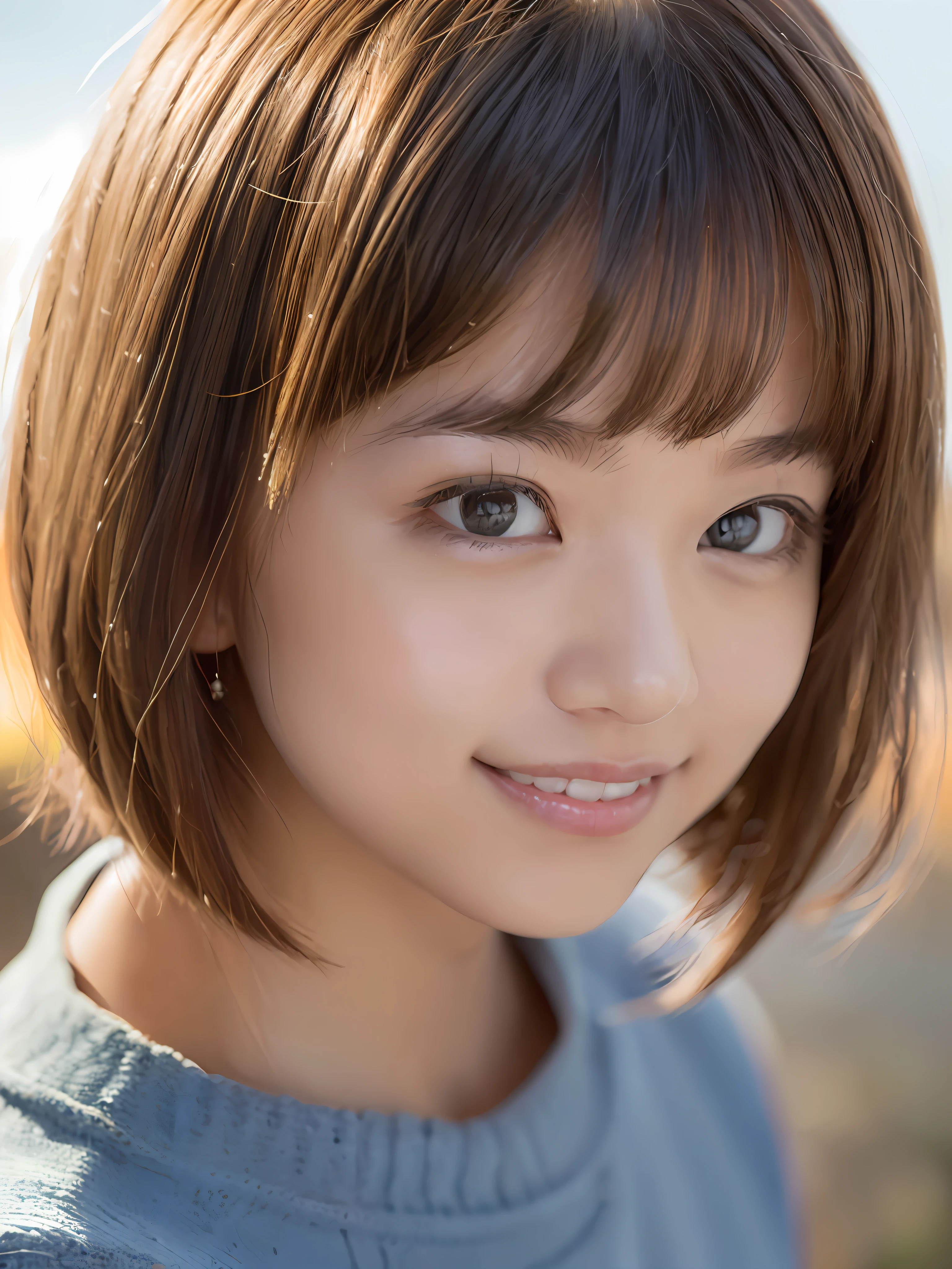 ​masterpiece, top-quality, top-quality, Best Work, Master Artist, (Hair above the eyes:1.3), (eye no:1.3), white  hair, covered eye, bob cuts、Happy smile、realisitic、Live Action、Orange sunset