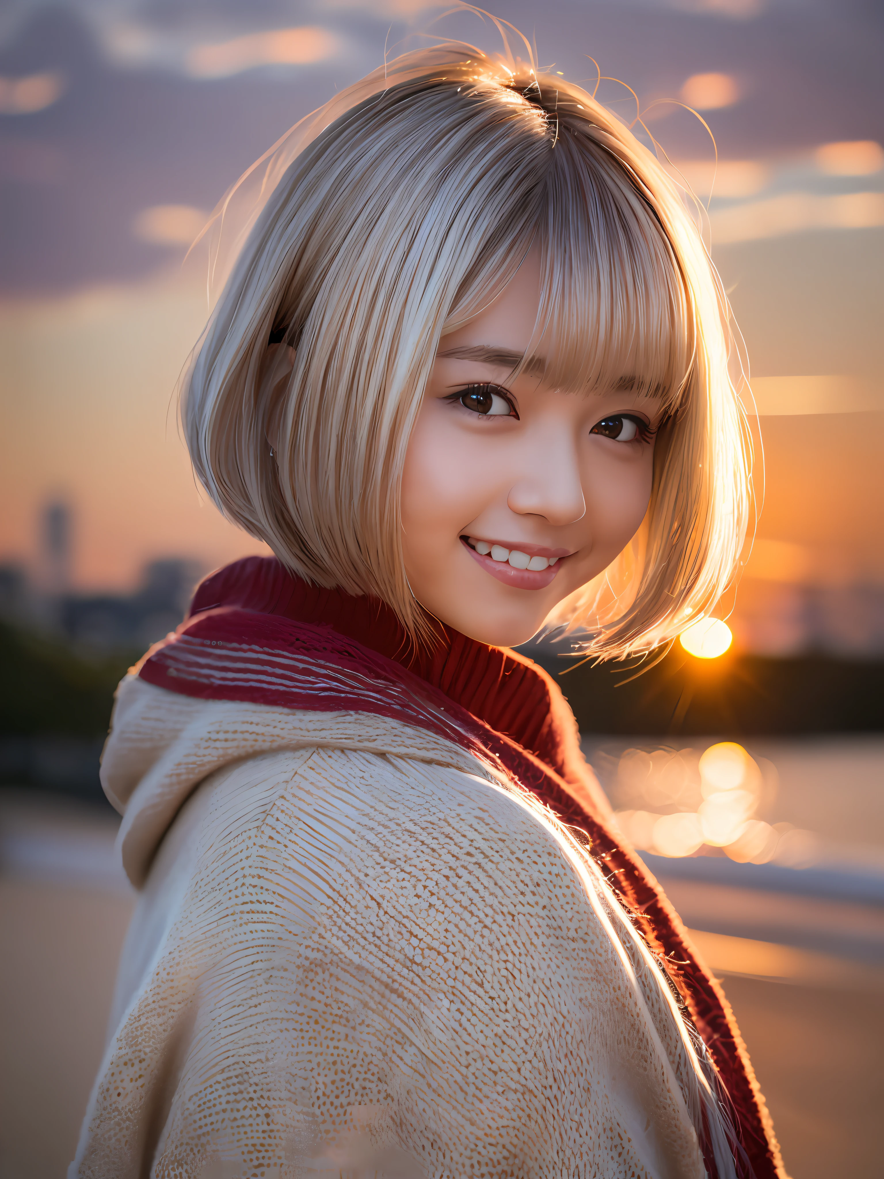 masterpiece, top-quality, top-quality, Best Work, Master Artist, (hair over eyes:1.3), (eye no:1.3), white hair, covered eye, bob cuts、Happy smile、realisitic、Live action、Orange sunset
