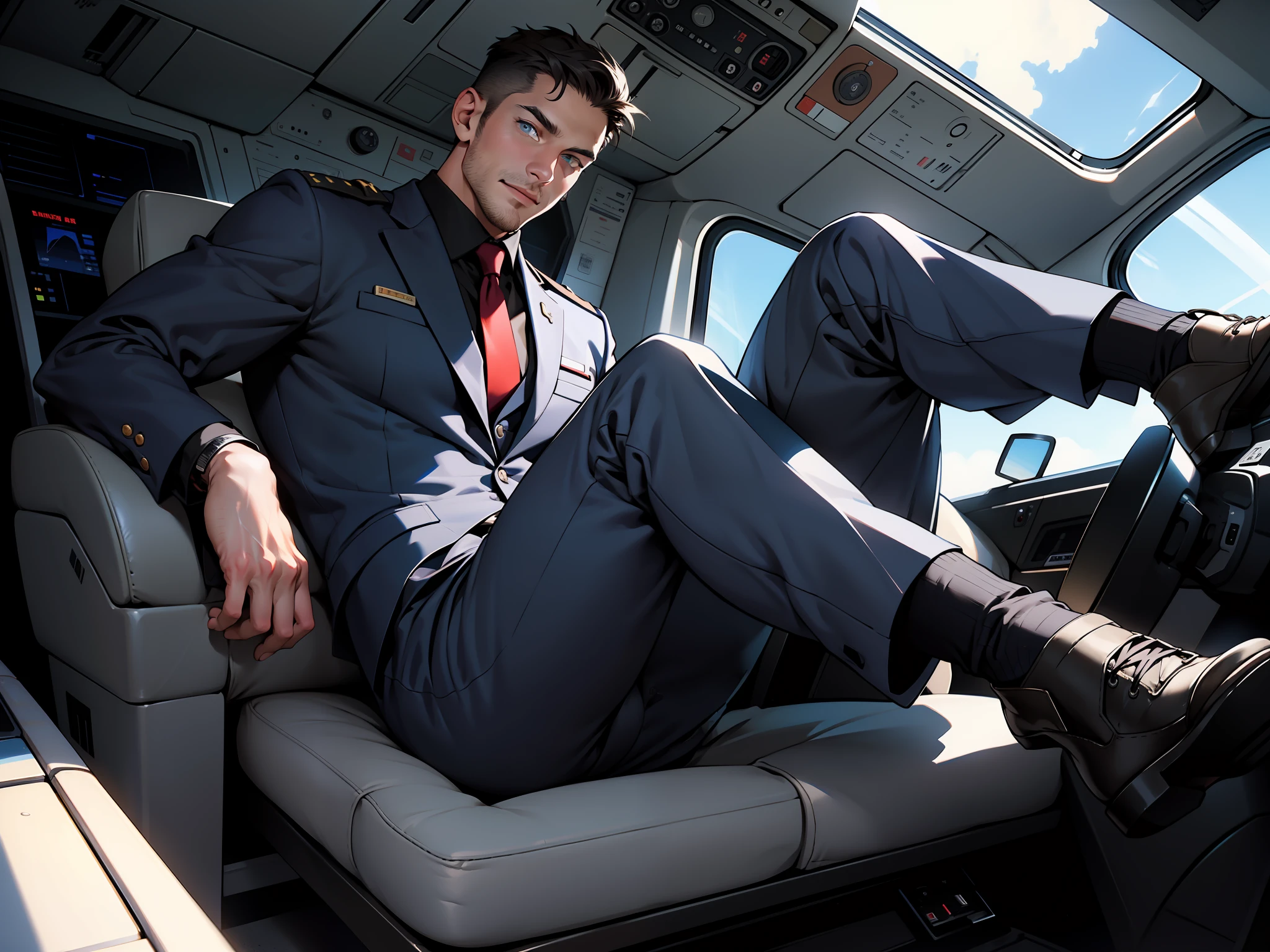 masterpiece, best quality, face, natural eyes, 1man, big feet, black socks, full body, (in suits), large bulge, long legs, looking at viewer, 30 years old, muscled and mature, pilot, pilot in uniform, short haircut, blue eyes,