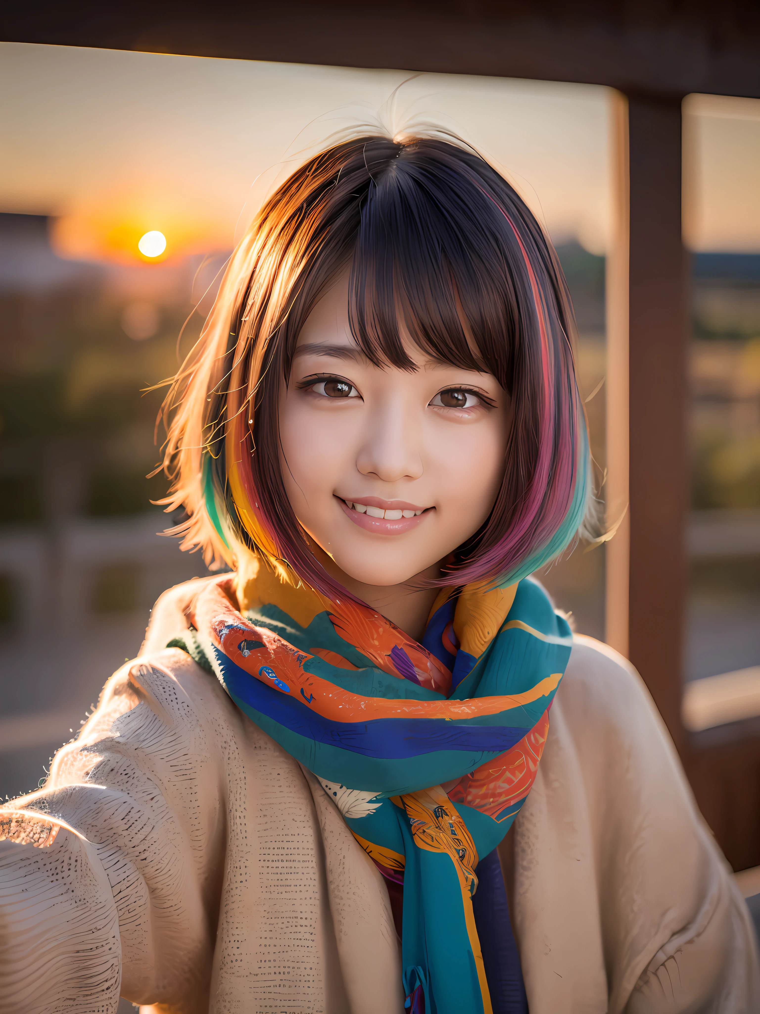masterpiece, top-quality, top-quality, Best Work, Master Artist, (hair over eyes:1.3), (eye no:1.3), colourful hair, covered eye、Happy smile、realisitic、Live action、Orange sunset
