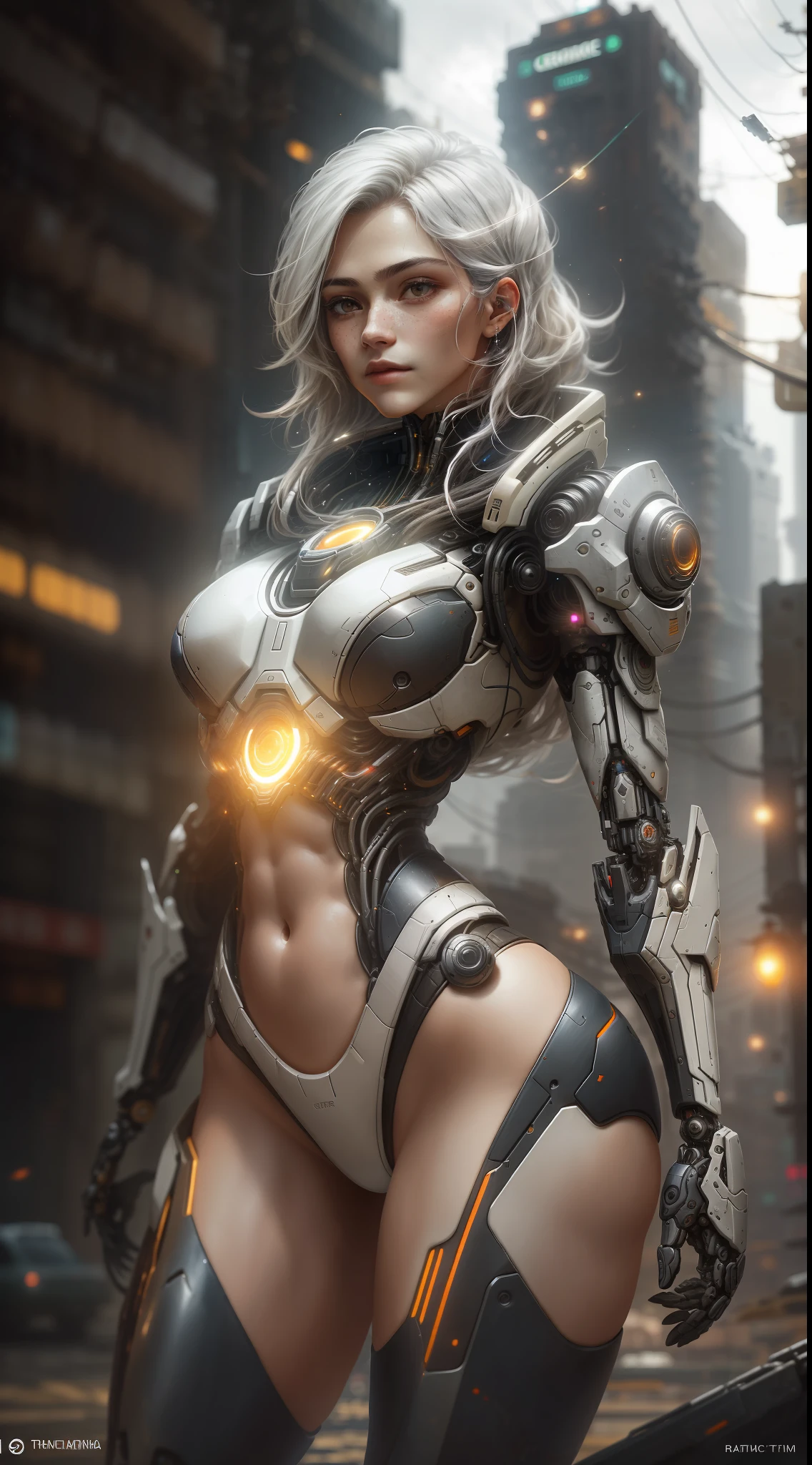 ((obra-prima)), (((melhor qualidade))), ((Ultra Detalhado)), (Awesome: 1.1), ((papel de parede extremamente detalhado da unidade CG 8k)), (8k, Foto RAW, melhor qualidade, obra-prima: 1.2), (realista, Foto realista: 1.4), (fotorrealismo: 1.4), (renderizado: 1.4), ultra realismo, High-resolution, NVIDIA RTX Ray Tracing, imagem de corpo inteiro, organic female cyborg, ((mechanical body)), corpo perfeito, quadris largos, defined abdomen, thick legs with defined muscles, seios grandes empinados, pose sexy, mayors proportions, rosto humano, long loose silver hair on display, organic and synthetic parts, white synthetic parts, white plastic, metal cromado, noite ao fundo, city put apocalyptic, Future Diatopic, cyberpunk, modernos postes de luz, buildings with neon signs, noite escura, starly sky, lua cheia, estrelas cadentes, diffuse lighting, fantasia, intrincado, elegante, altamente detalhado, realista, fotorrealista, pintura digital, artstation, illustration, arte conceitual, smooth and sharp focus, arte de John Collier e Albert Aublet e Krenz Cushart e Artem Demura, circunstanciado, intrincado, Foto premiada, BLN-L24, exposure, Alto contraste, 8k 3D, cinematic lighthing.