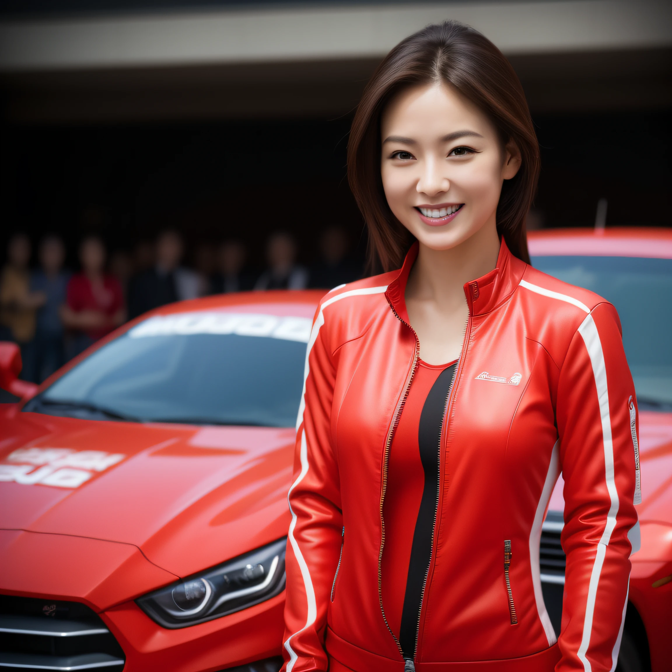 8K, masterpiece, best quality, photo realistic, ultra-detailed, 1 girl, Asian, athletic body, realistic skin texture, (breasts:1.0), (smile:1.0), gaze at viewer, (form fitting red car racing suit), (open zipper), (no helmet), movie lighting, face focus, fine eyes, detailed face, well lit face, day light, red and yellow racing cars in background