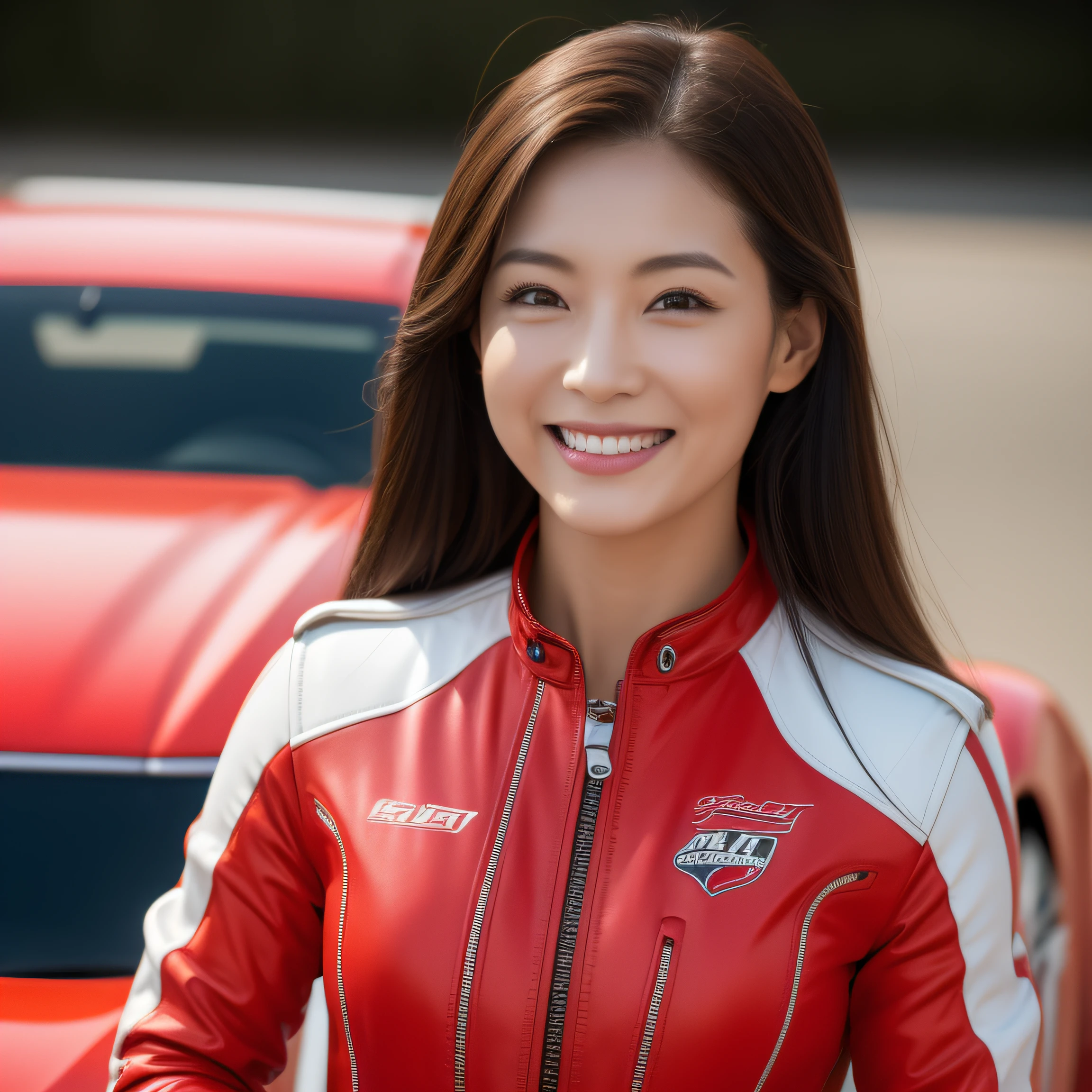 8K, masterpiece, best quality, photo realistic, ultra-detailed, 1 girl, Asian, athletic body, realistic skin texture, (breasts:1.0), (smile:1.0), gaze at viewer, (form fitting red car racing suit), (open zipper), (no helmet), movie lighting, face focus, fine eyes, detailed face, well lit face, day light, red and yellow racing cars in background