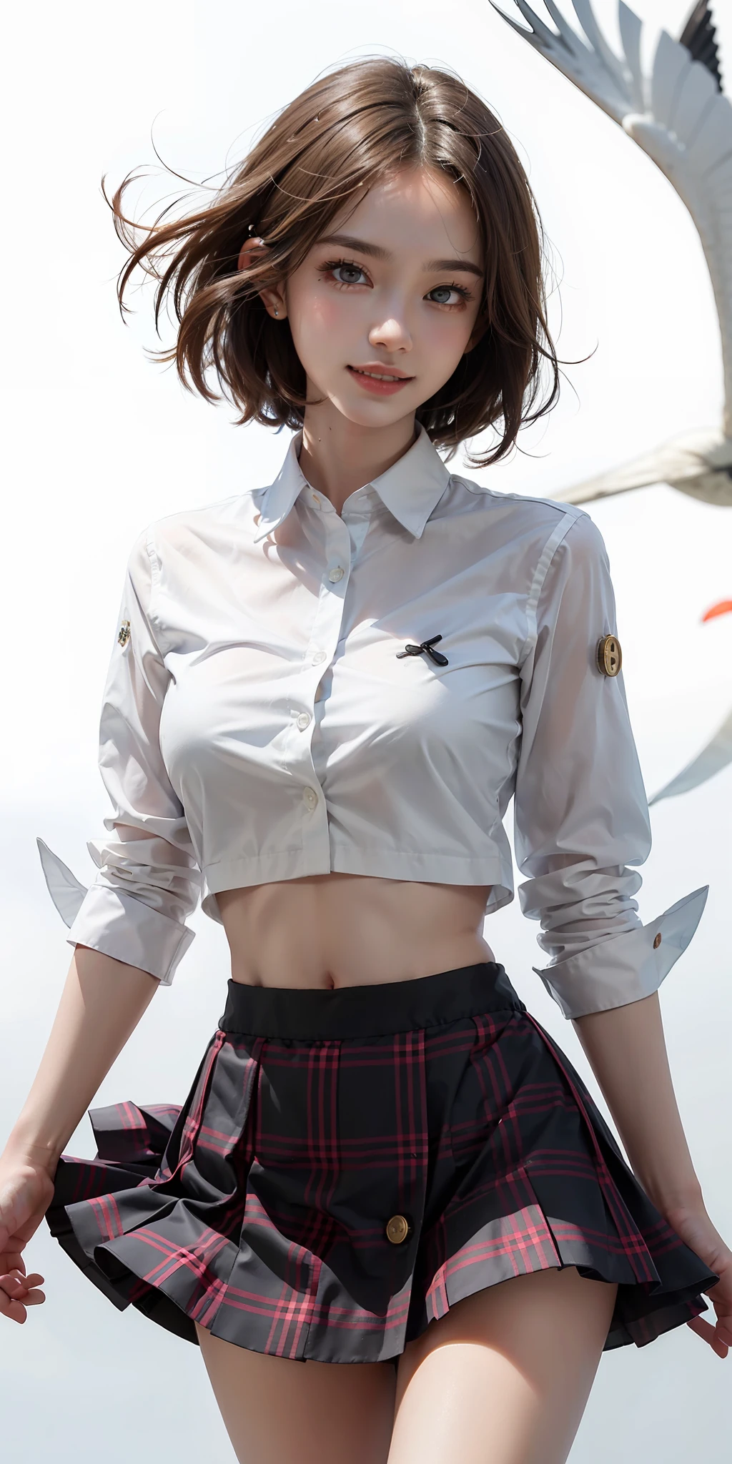 (A hyper-realistic:1.2)、(Photorealsitic:1.6)、(high-detail、hightquality、masterpiece:1.3)、(top-quality:1.4)、hight resolution、8K分辨率、(intricate detailes:1.6)、(volumatic light) One Woman、Whole body OL、Standing Pose、Classroom、(See-through white school shirt with buttons:1.6)、(Buttonless shirt:1.6)、(breasts looking:1.6)、(plaid skirts:1.6)、(a navel:1.6)、(high-heels:1.2)、(F-cup:1.6) (beauitful face:1.9)、(A detailed face:1.6)、(A detailed eye:1.5)、(Eye lashes:1.4)、(A smile:1.6)、(Detailed black bob hair:1.3)、(very Bigger breasts:1.2)、Very tall、190cm Supermodel、clean long legs、neck long、Beautiful short hair with bangs、glowy skin、((Immaculate white background with nothing really、Pretty pretty ladies、Very close-up of the face、Really a little windy、Short hair that really flutters a little in the wind、A skirt that flutters in the wind))