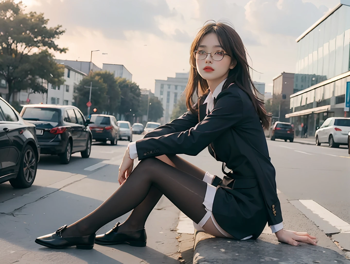 Best quality, full body portrait, delicate face, pretty face, 25 year old woman, slim figure, small bust, OL uniform, office clothes, black stockings, outdoor scene, sitting position, wearing glasses