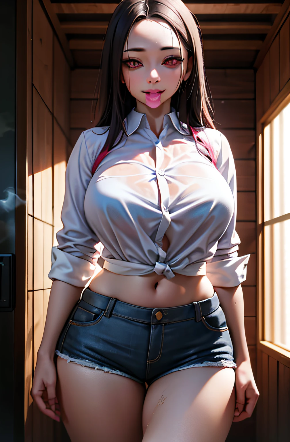 masterpiece, Realistic eyes, Best quality, Bamboo, Mouth closed, Beautiful lighting, Cinematic, 8K, 1girl, Face, Wet face, Liner, Wooden walls, Big breasts and white shirt, Shorts, Wide hips, With condom, Condom on face, Furnace mouse, Pink eyes