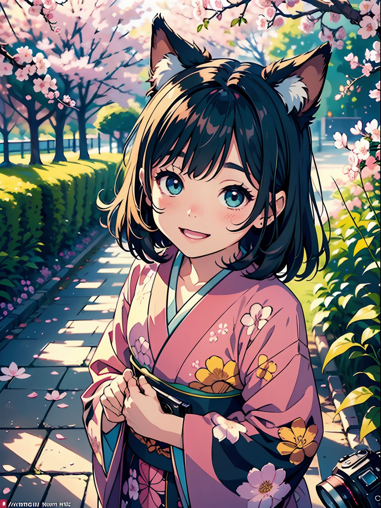 (Illustration, Cute, Official Art:1.3), A heartwarming 2D illustration of an adorable Japanese child with jet-black hair, wearing a vibrant green traditional Japanese kimono. Playfully adorning a cat ear tiara, the child's captivating eyes shimmer with a delightful honey-colored hue. Her thick and precisely drawn eyebrows add a touch of innocence to her cheerful expression, as she radiates pure happiness.

The child stands gracefully amidst a picturesque and colorful flower garden. Cherry blossoms and various vibrant blooms surround her, adding to the whimsical charm of the scene. The illustration captures the child's joy as she explores the beauty of nature around her.

The 2D art style emphasizes a cute and endearing portrayal of the child, with soft lines and pastel colors that evoke a sense of warmth and charm.

Camera and Lens Used: (Canon EOS R6 camera with a Canon RF 50mm f/1.8 STM lens)
