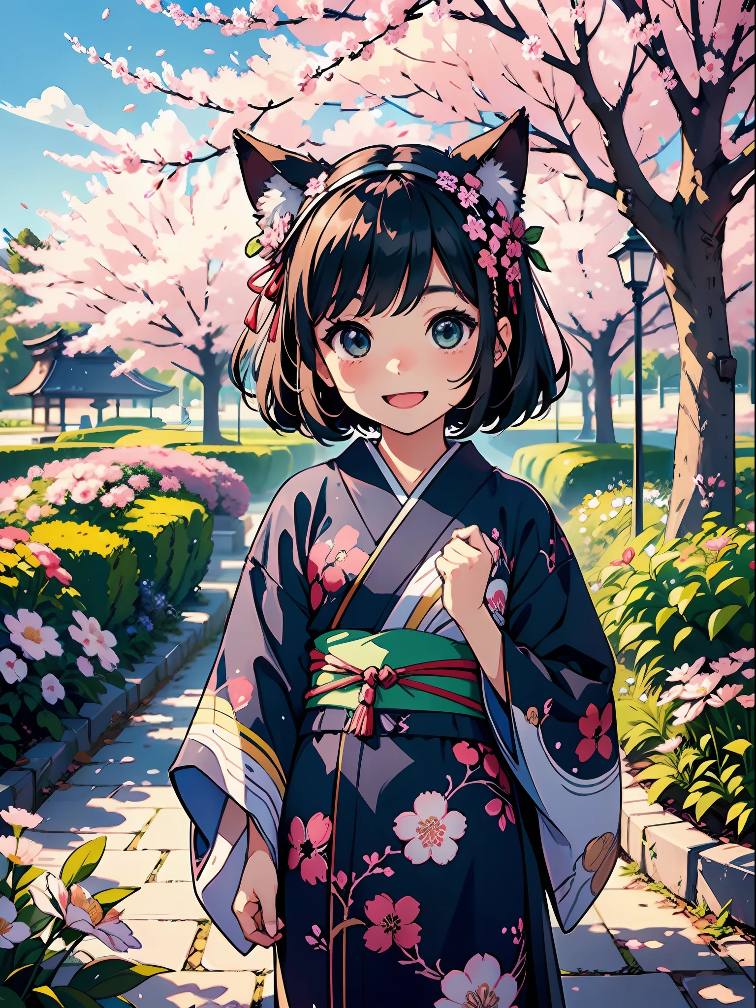 (Illustration, Cute, Official Art:1.3), A heartwarming 2D illustration of an adorable Japanese child with jet-black hair, wearing a vibrant green traditional Japanese kimono. Playfully adorning a cat ear tiara, the child's captivating eyes shimmer with a delightful honey-colored hue. Her thick and precisely drawn eyebrows add a touch of innocence to her cheerful expression, as she radiates pure happiness.

The child stands gracefully amidst a picturesque and colorful flower garden. Cherry blossoms and various vibrant blooms surround her, adding to the whimsical charm of the scene. The illustration captures the child's joy as she explores the beauty of nature around her.

The 2D art style emphasizes a cute and endearing portrayal of the child, with soft lines and pastel colors that evoke a sense of warmth and charm.

Camera and Lens Used: (Canon EOS R6 camera with a Canon RF 50mm f/1.8 STM lens)