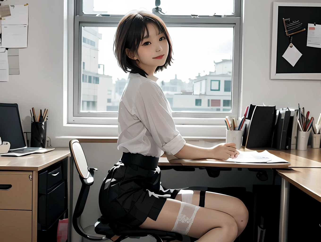blip2_T5 The person is Asian。tight-fitting，People are thin。This person has a house。The person is beautiful，Short Untidy Hair。The costume is a black skirt，black lence stockings，Sit in a chair in the office，legs crossed。The colors in the picture are brown and white。 xkkkxx style