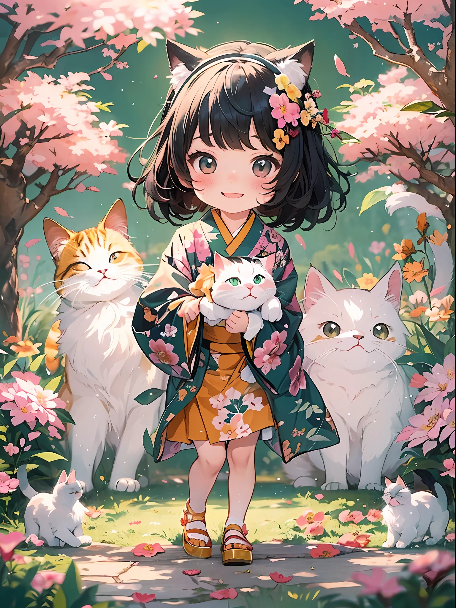 (Illustration, Cute, Official Art:1.3), A heartwarming 2D illustration of an adorable Japanese child with jet-black hair, wearing a vibrant green traditional Japanese kimono. Playfully adorning a cat ear tiara, the child's captivating eyes shimmer with a delightful honey-colored hue. Her thick and precisely drawn eyebrows add a touch of innocence to her cheerful expression, as she radiates pure happiness.
The child stands gracefully amidst a picturesque and colorful flower garden. Cherry blossoms and various vibrant blooms surround her, adding to the whimsical charm of the scene. The illustration captures the child's joy as she explores the beauty of nature around her.
The 2D art style emphasizes a cute and endearing portrayal of the child, with soft lines and pastel colors that evoke a sense of warmth and charm.
Camera and Lens Used: (Canon EOS R6 camera with a Canon RF 50mm f/1.8 STM lens)