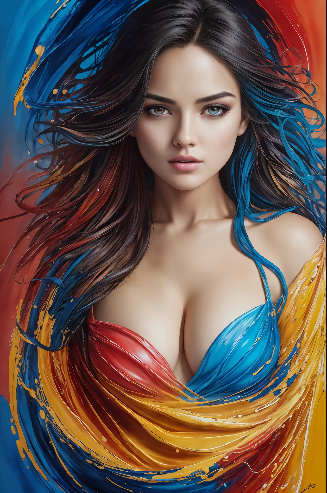 Colorful beautiful girl: a giru 28-years old, messy hair, oil painting, nice perfect face with soft skinice perfect face, blue yellow colors, light purple and violet additions, light red additions, intricate detail, splash screen, 8k resolution, masterpiece, cute face,artstation digital painting smooth veryBlack ink flow: 8k resolution photorealistic masterpiece: intricately detailed fluid gouache painting: by Jean Baptiste Mongue: calligraphy: acrylic: watercolor art, professional photography, natural lighting, volumetric lighting maximalist photoillustration: by marton bobzert:, complex, elegant, expansive, fantastical,  wavy hair, vibrant, Best quality details, realistic, High definition, High quality texture, epic lighting, Cinematic film still, 8k, soft lighting, anime style, masterful playing card border, random Colorful art, oil painting, blue yellow colors, light purple and violet additions, light red additions, intricate detail, splash screen, 8k resolution, masterpiece, artstation digital painting smooth veryBlack ink flow: 8k resolution photorealistic masterpiece: intricately detailed fluid gouache painting: by Jean Baptiste Mongue: calligraphy: acrylic: watercolor art, professional photography, natural lighting, volumetric lighting maximalist photoillustration: by marton bobzert:, complex, elegant, expansive, fantastical, vibrant