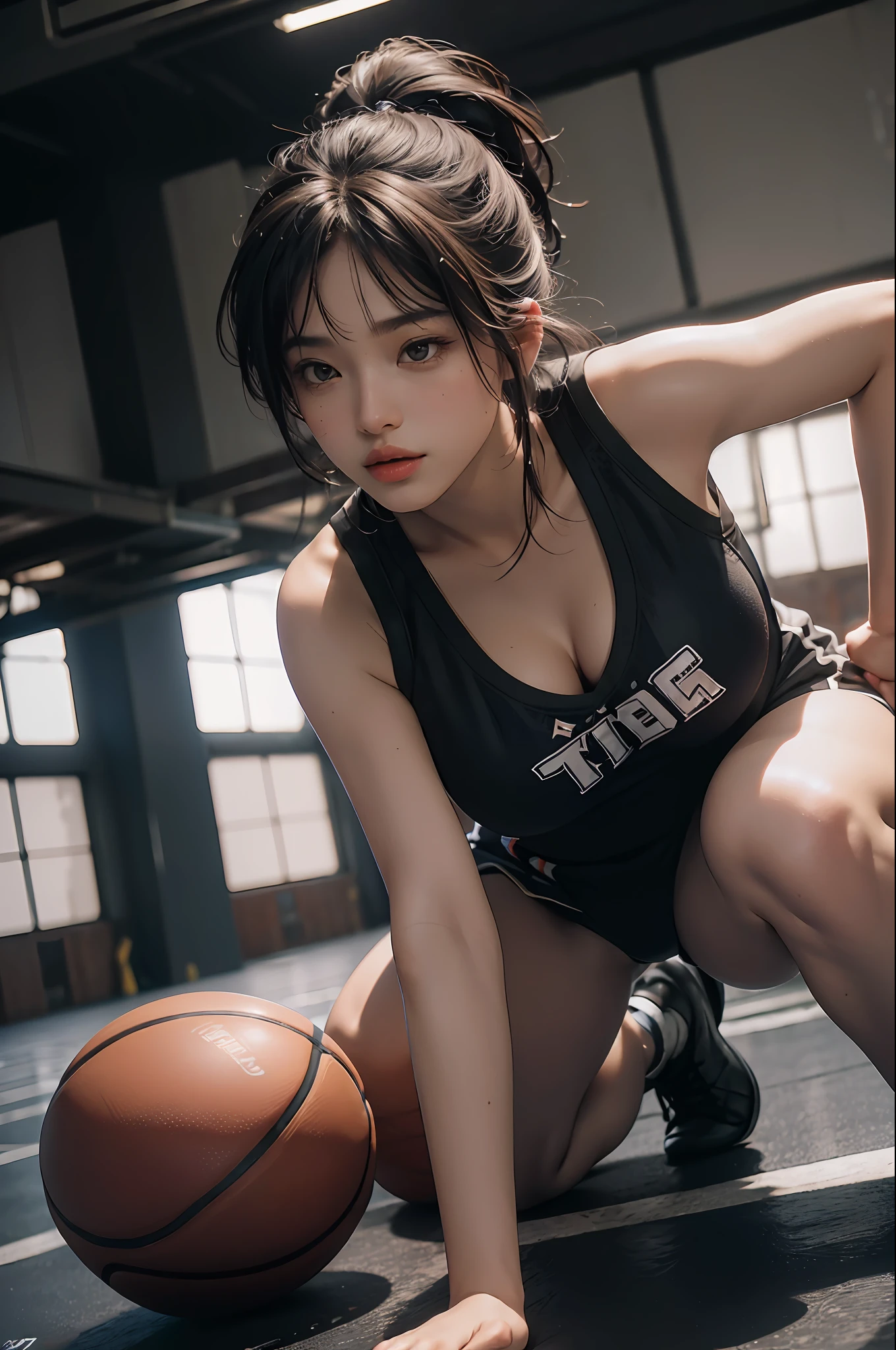(RAW photo, 4k, masterpiece, high resolution, extremely complex) (realistic: 1.4), cinematic lighting
1 Girl, Solo Focus, Summer Noon, Hot, 1990s\(Style\), (Best Quality), (Highres), (an Extremely Delicate and Beautiful),,(Beautiful 8k face),(Brown eyes),(ulzzang-6500:1.0),(solo),(Looking side),( spectators),(large breasts),(NBA),bent over,,lookside,(side), ,(Basketball sportswear),((Play basketball)),((gymnasium)),((speed)),(reality),