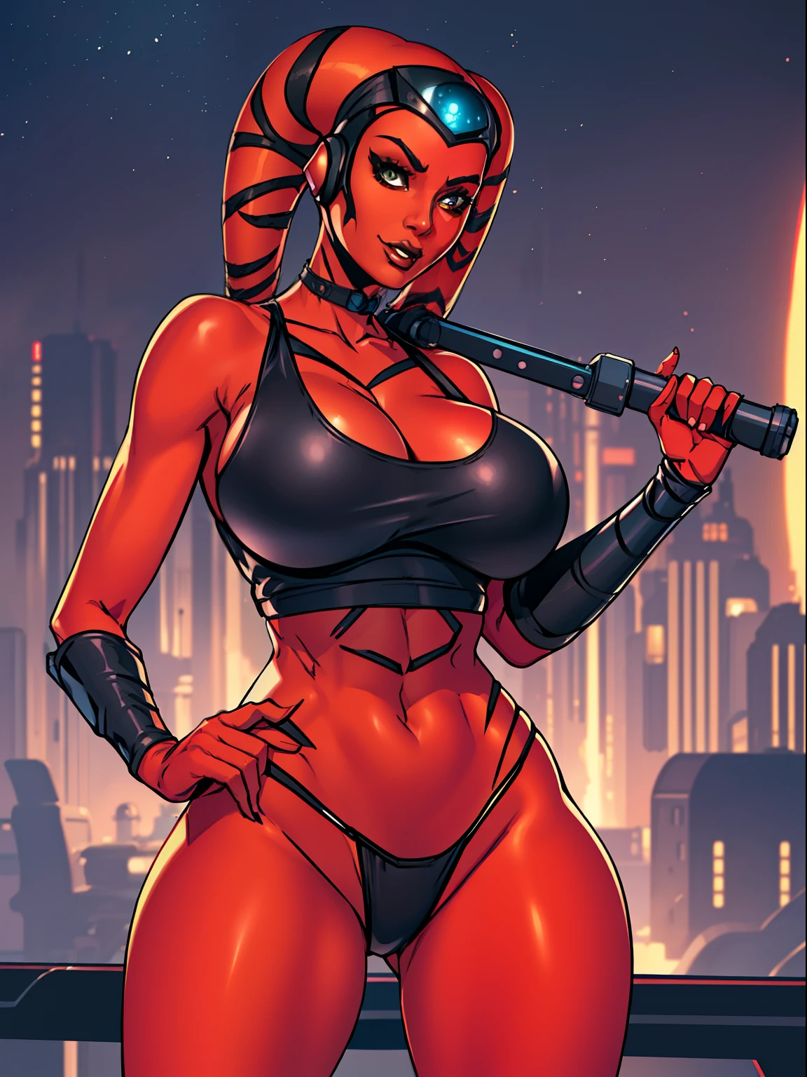 busty, ((red skin), twi'lek), evil space knight, space ninja, (wearing black tank top, panties, ((busty), slender body, thin, slim sexy body, slim waist, ((gigantic breasts))), futuristic apartment,, Star Wars,
