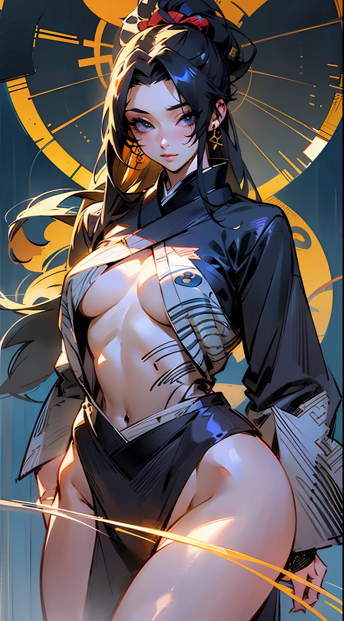 (High resolution), (in 8K), (Extreme Detail), (Best Illustration), (beautiful detail), (Best Quality), (masuter piece), ( Detailed face), bleach、Soiphone、Narrow-eyed、asian human、Dark hair、small tits、A slender、Kimono like a leotard、Sexy Ninja Costumes、full body Esbian、The kimono is fluttering、 Realistic fantasy rendering, Realistic anime girl rendering, Full body portrait, popular in CGSTATION, wlop. 4K、highlight in eyes、Night background