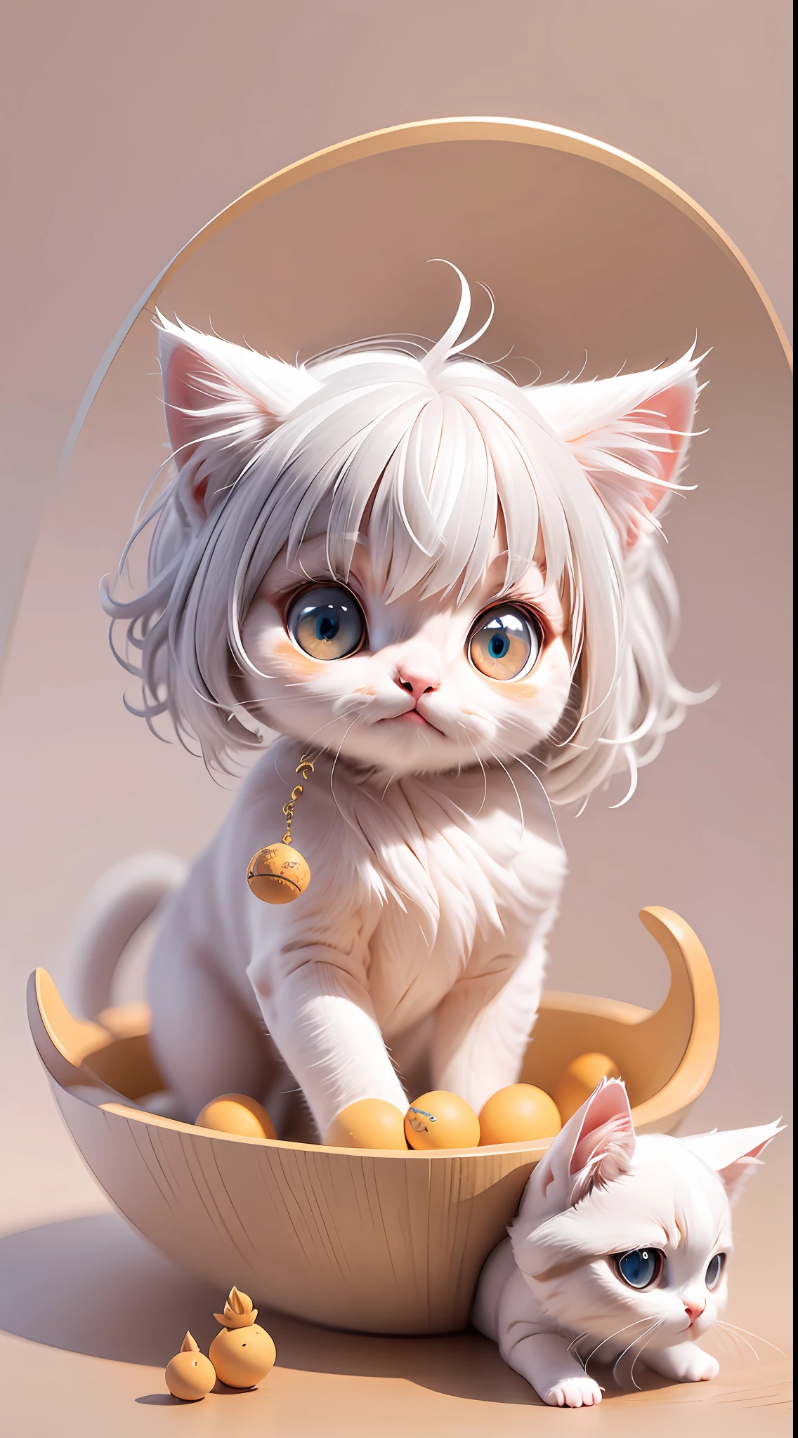 A white-haired kitten，adolable，spherical，afloat，shaggy，Big eyes，Non-human，Simple，Morandi color system