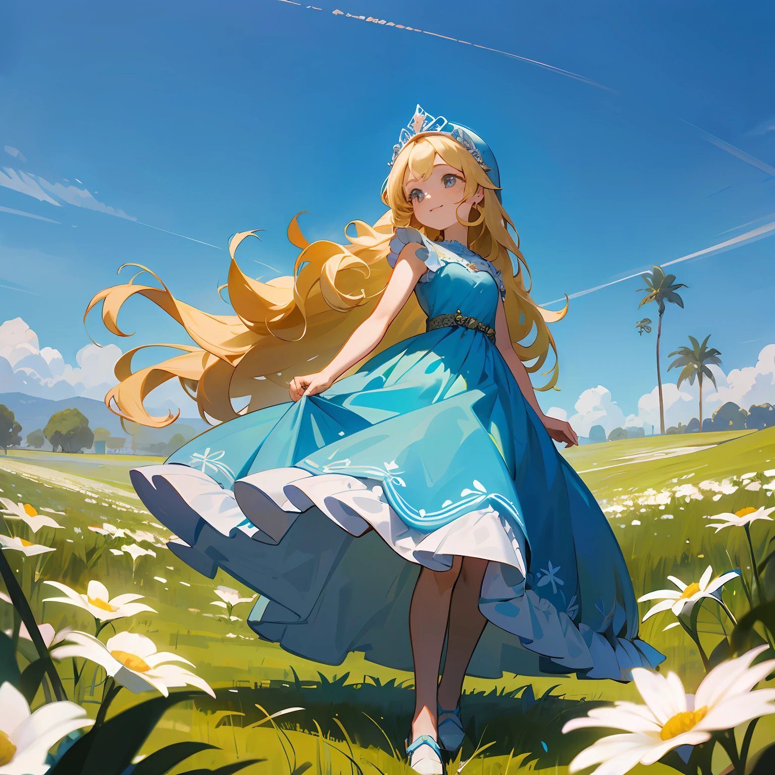 Children's story character named Juliet presented full body, Juliet is a 6-year-old girl, wears a faded blue dress that goes to the knees sleeveless, com presilhas de margarida nos cabelos, uma acima de cada orelha, usa sapatilha rasteira branca, Her hair is long blonde and curly, de sorriso lindo e dentes brancos, is standing looking forward in a field with flowers of various species and colors, fotorealismo e super detalhado --auto